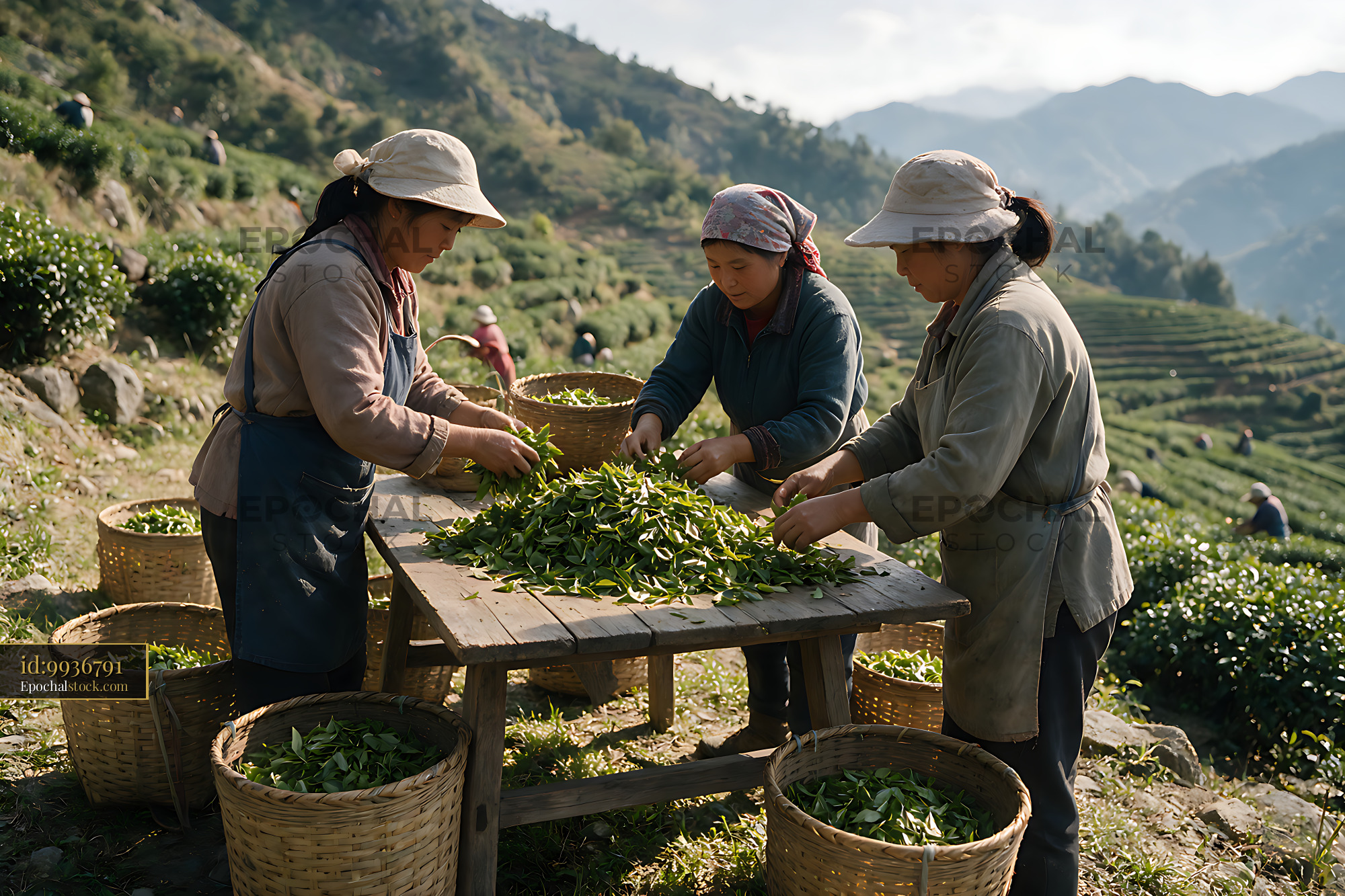 Watermarked full-resolution preview of Workers Sorting Tea Leaves Among Mountain Plantation Terraces