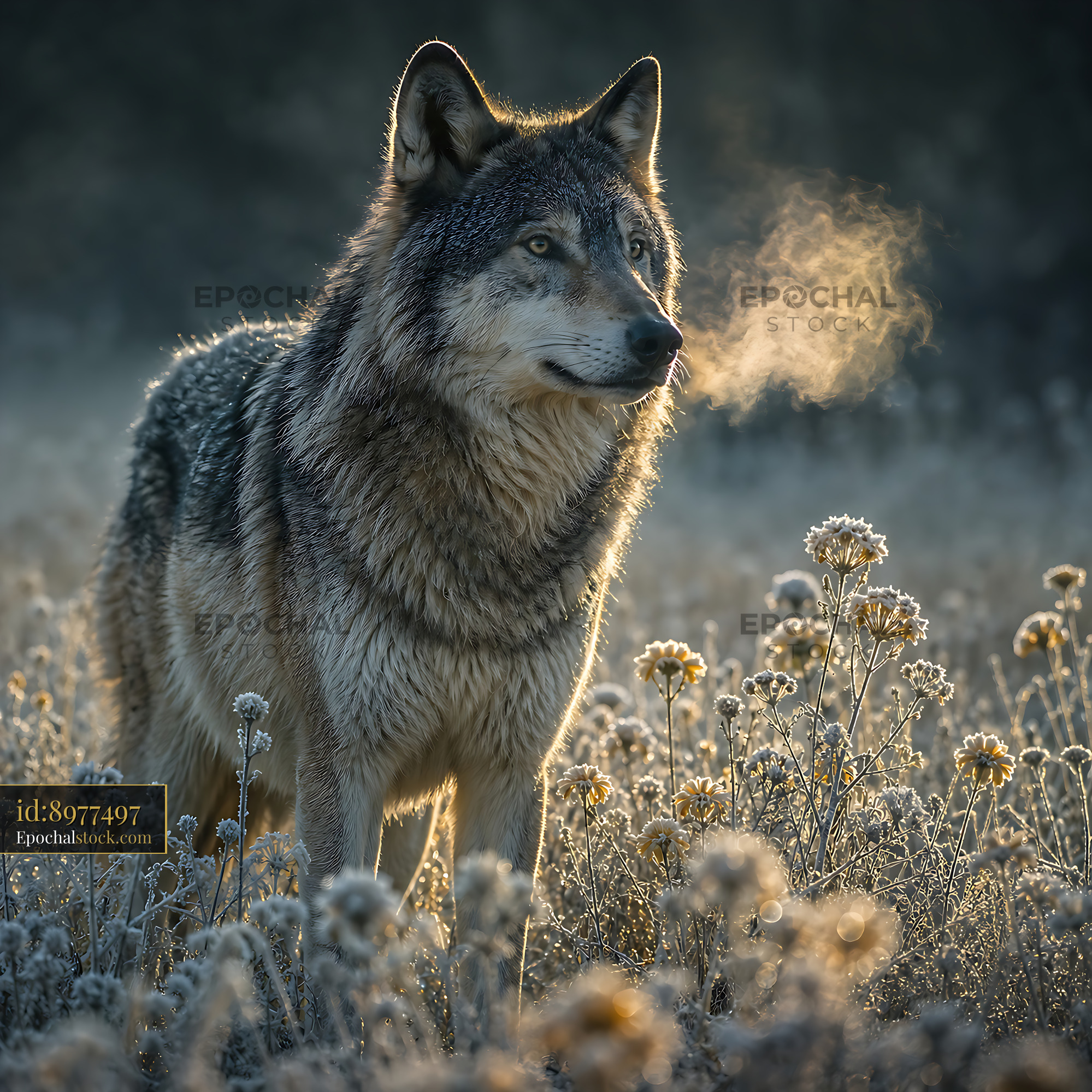 Watermarked full-resolution preview of Wolf standing in a field of flowers with breath visible
