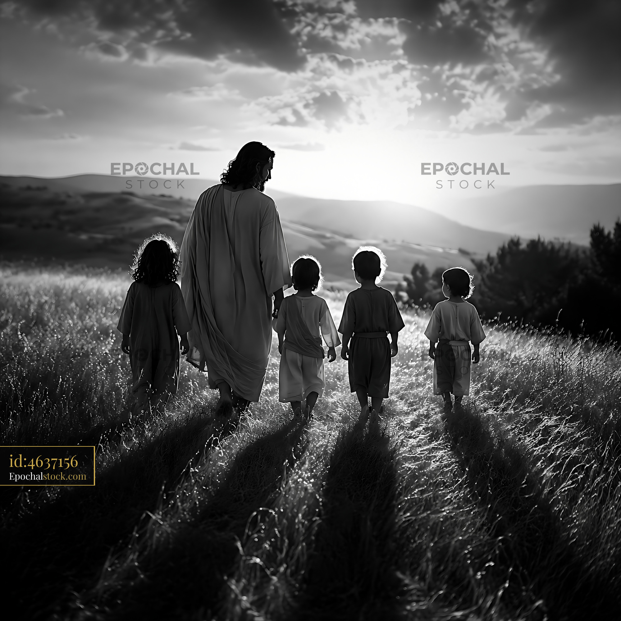 Watermarked full-resolution preview of Walking together in a field at sunset