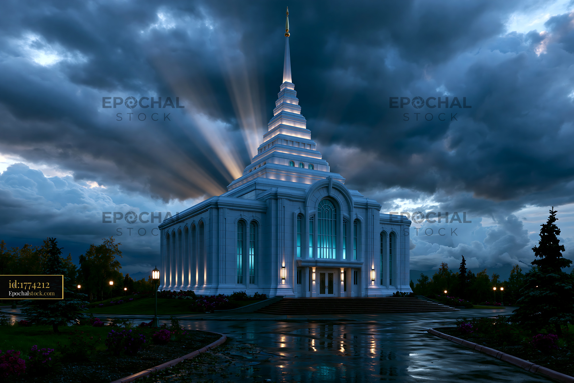 Watermarked full-resolution preview of Modern temple structure surrounded by dark stormy clouds