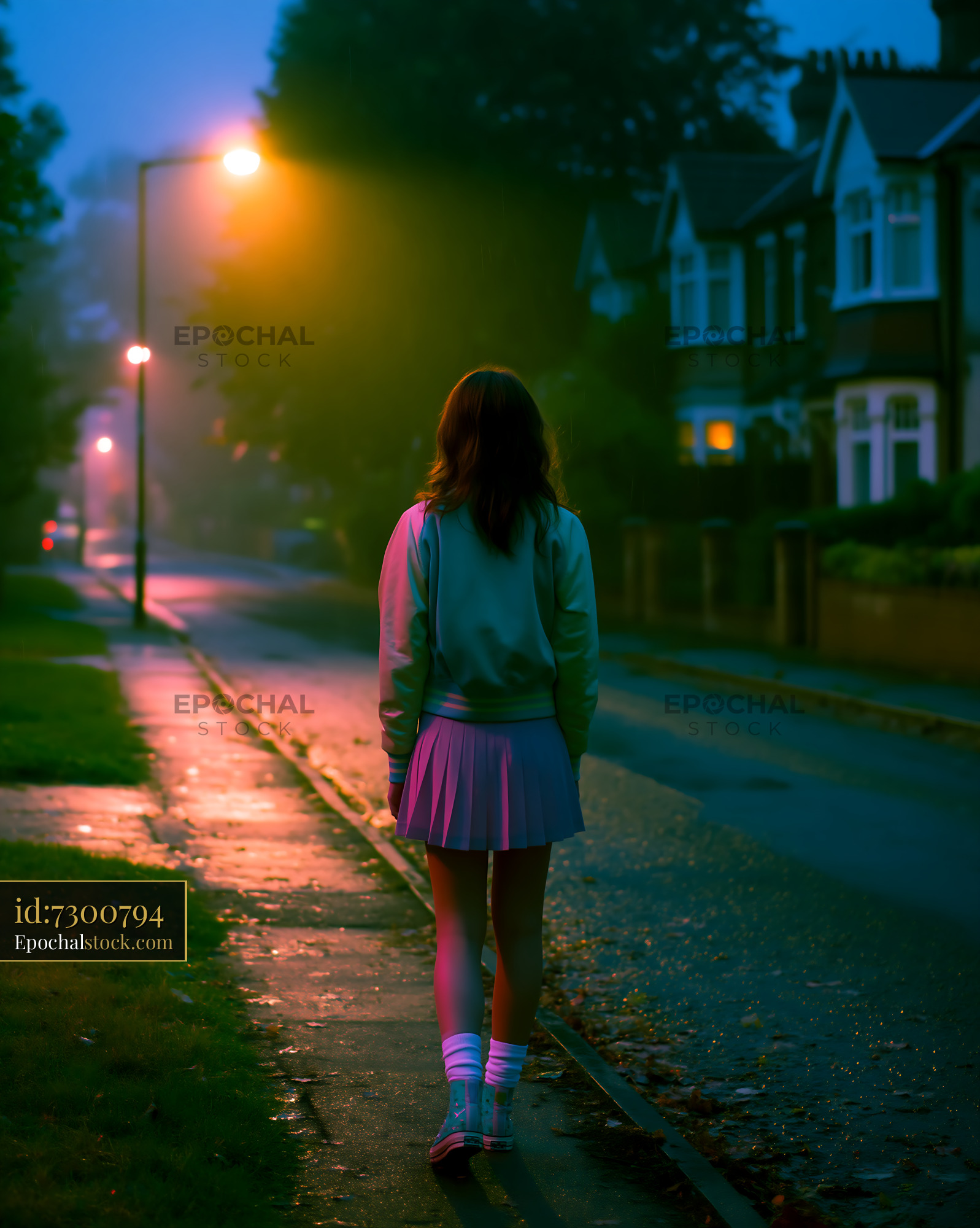 Watermarked full-resolution preview of Person walking on a wet neighborhood sidewalk at dusk