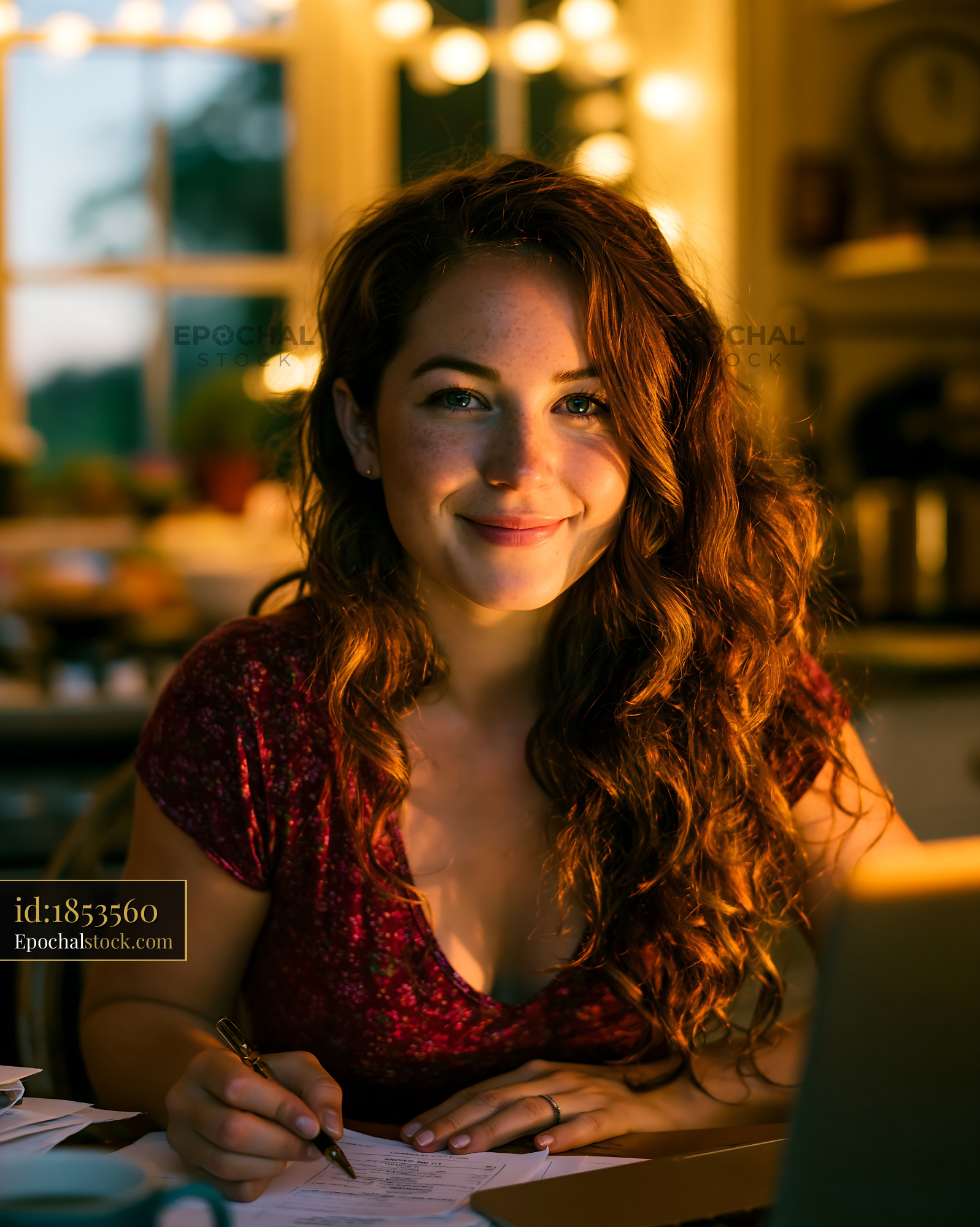 Watermarked full-resolution preview of Woman working at a table with warm lights in the background