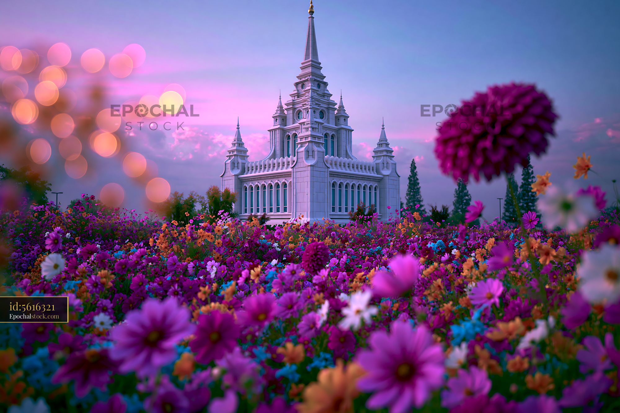 Watermarked full-resolution preview of Colorful flowers surround a large building at sunset