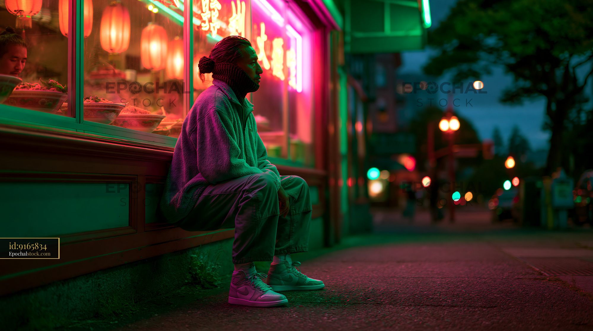 Watermarked full-resolution preview of Person sitting by a restaurant with neon lights at night