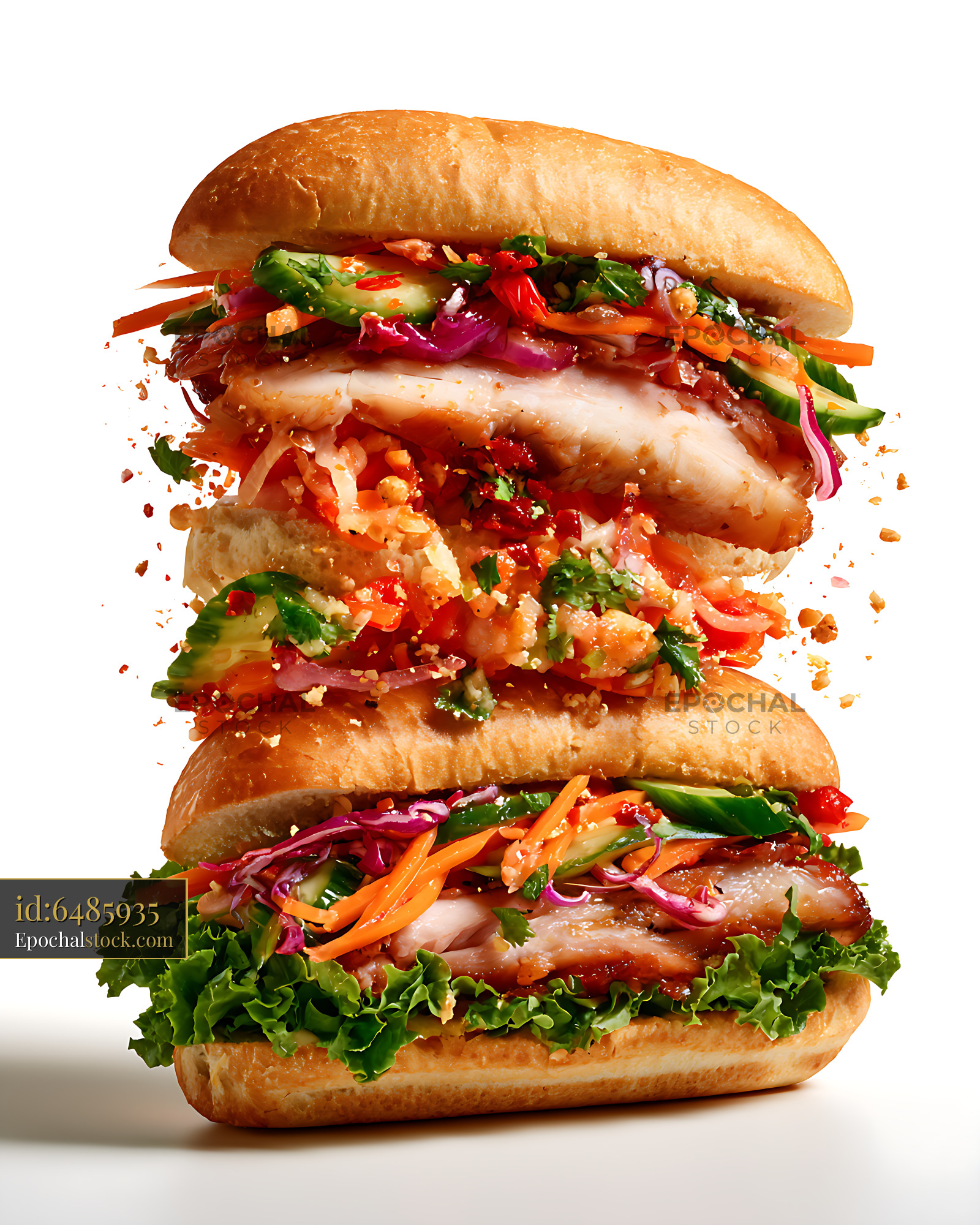 Watermarked full-resolution preview of Colorful stacked grilled meat sandwich on white background