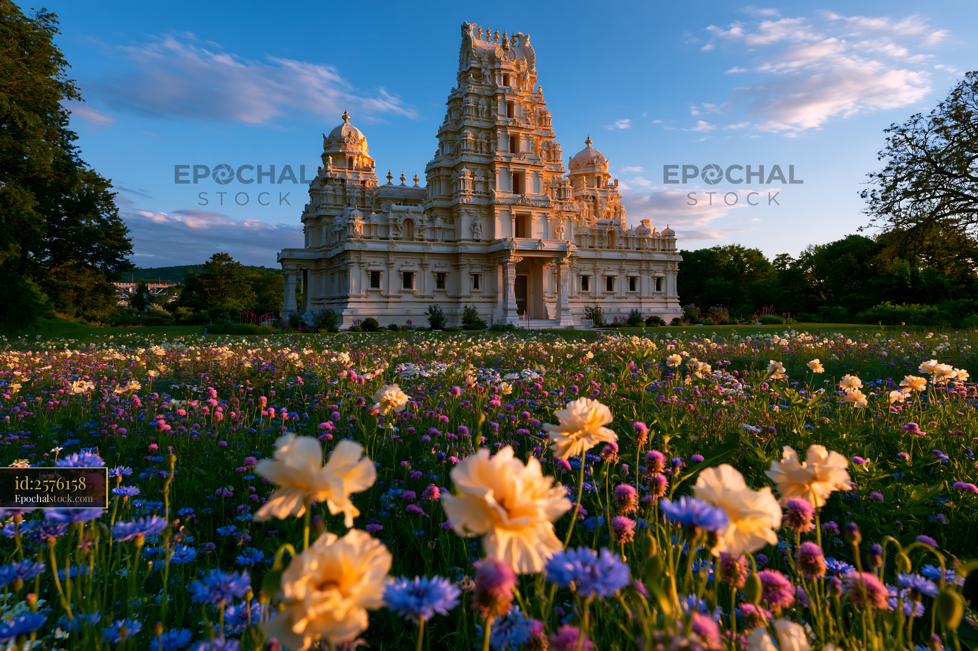 Watermarked full-resolution preview of Flower field near a temple at sunset with blue sky and clouds
