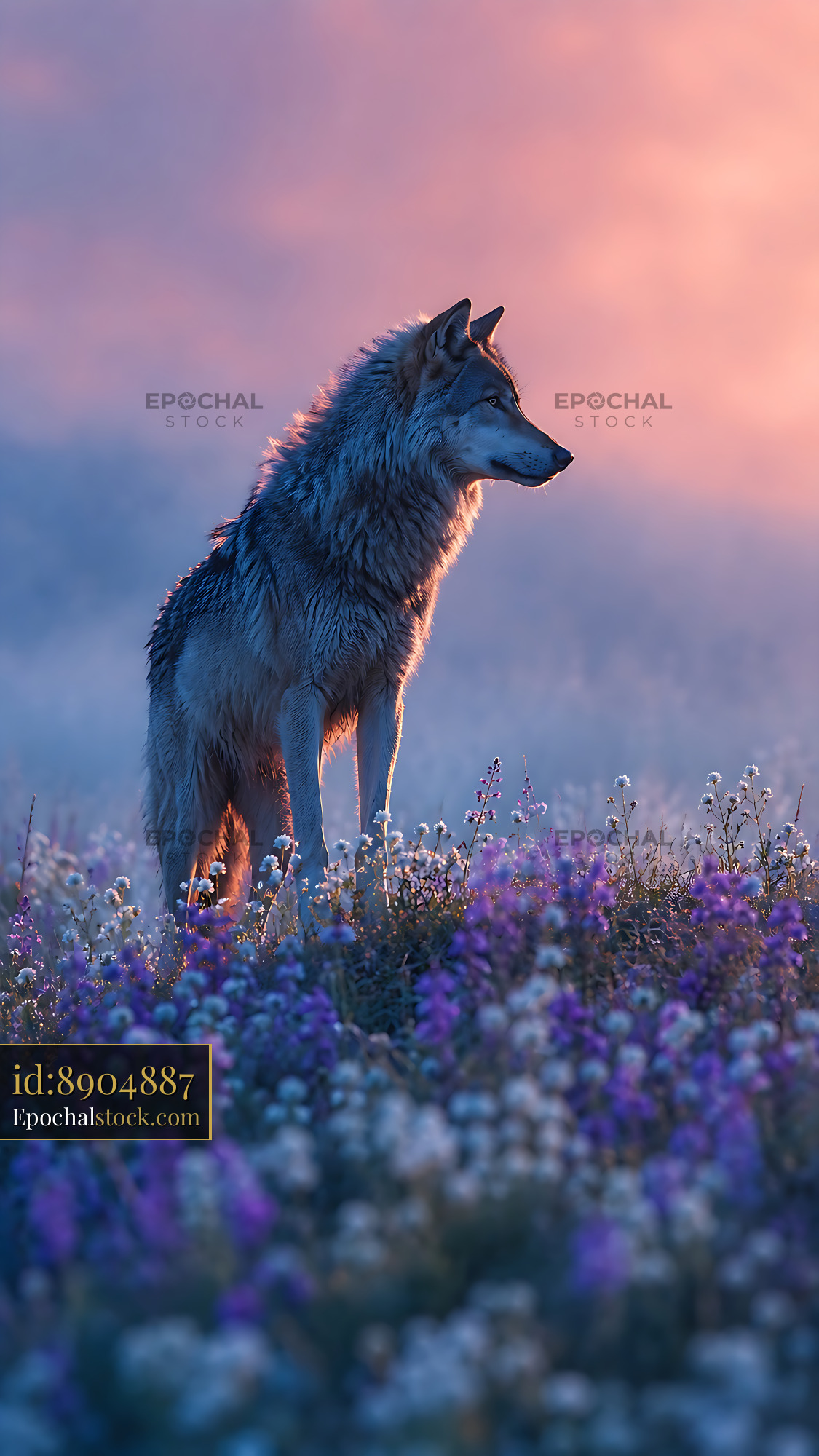 Watermarked full-resolution preview of Wolf standing in a field of flowers at sunset