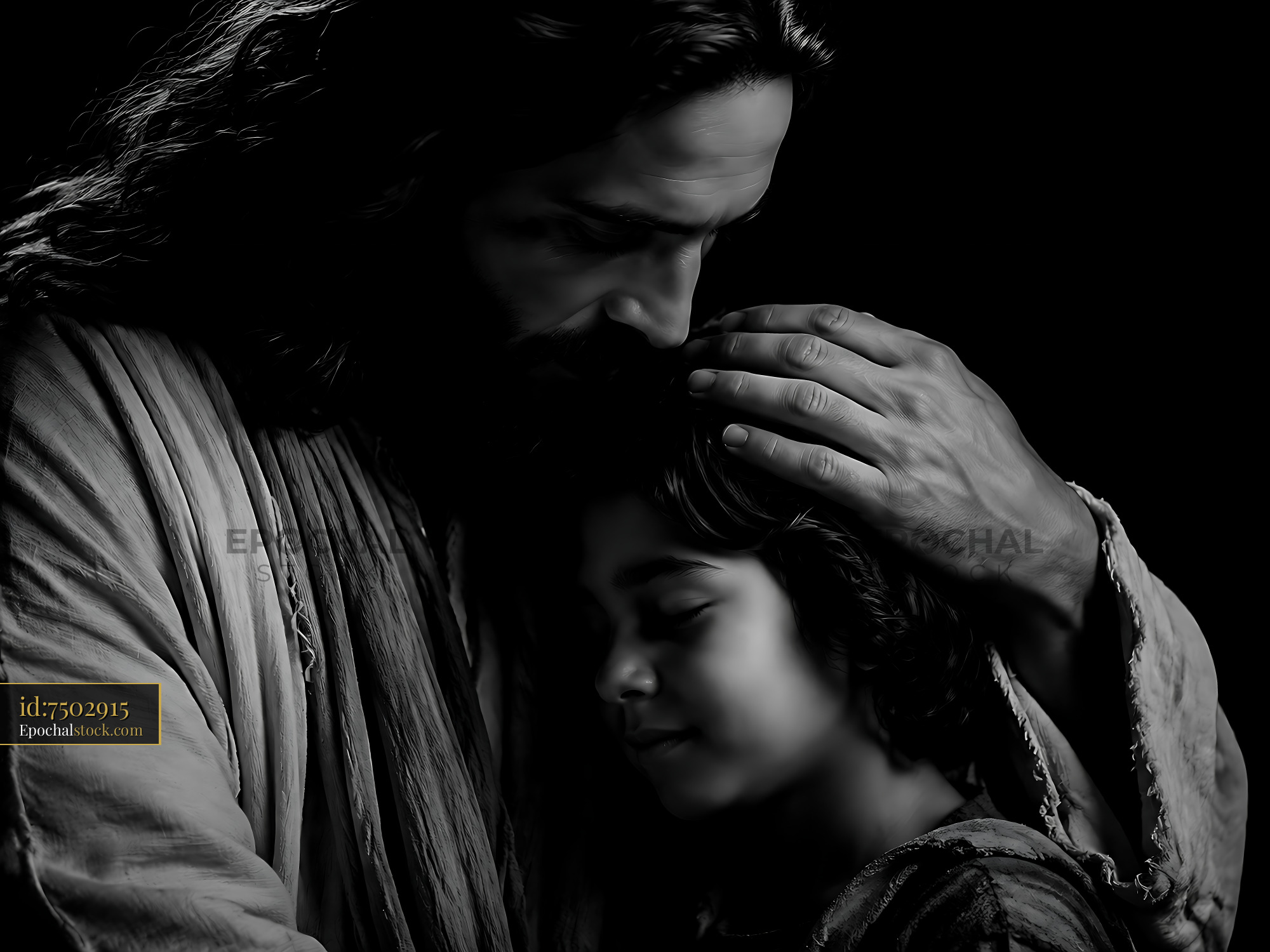 Watermarked full-resolution preview of Embrace between a figure and a child in soft light