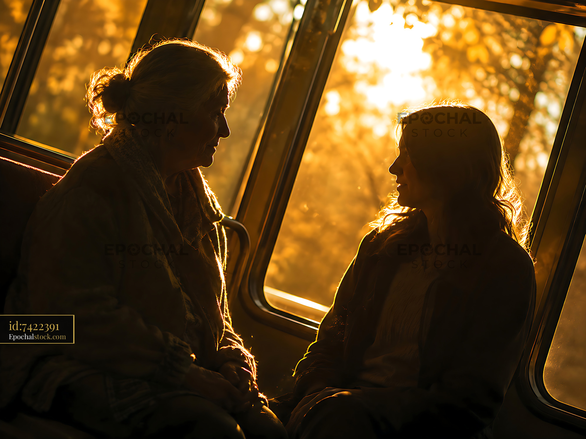 Watermarked full-resolution preview of Two women talking by the window during sunset