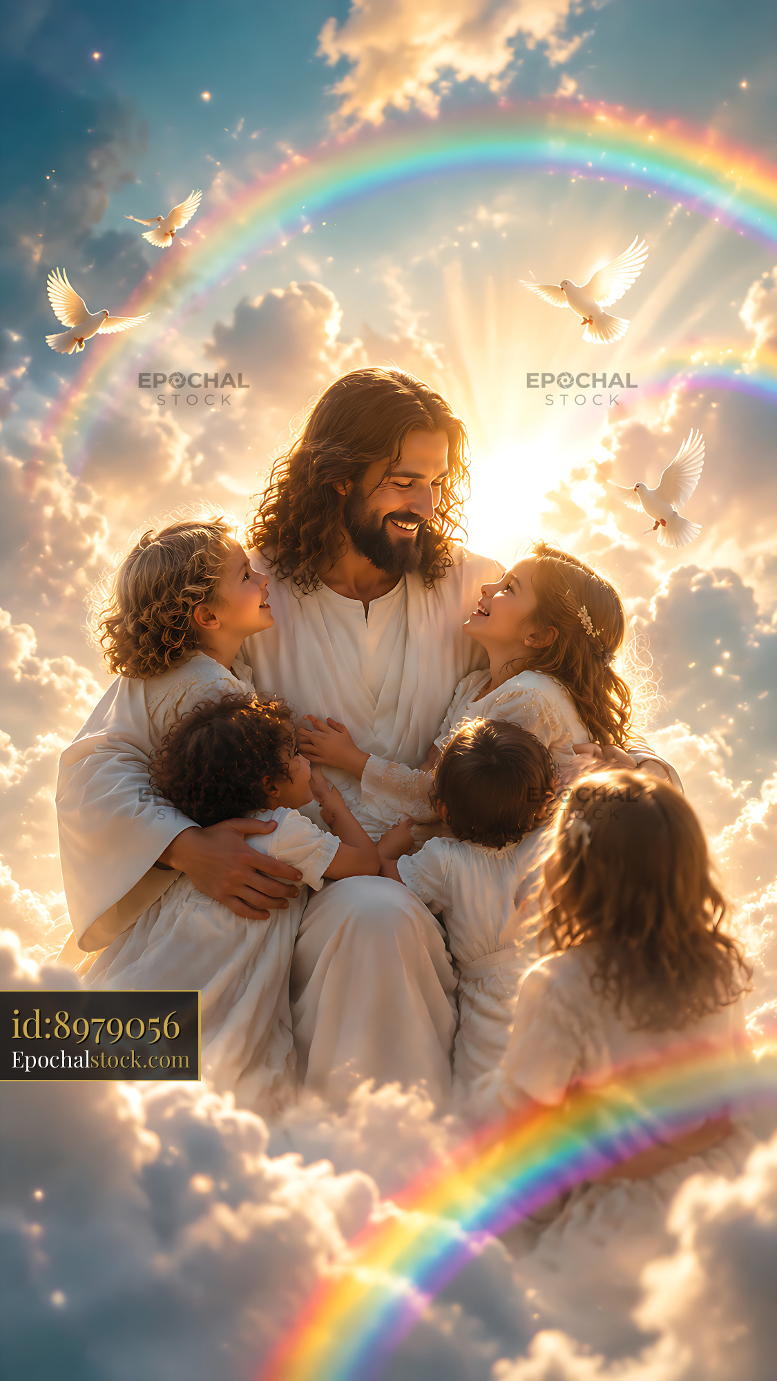 Watermarked full-resolution preview of Children gather around figure in white robes amid clouds