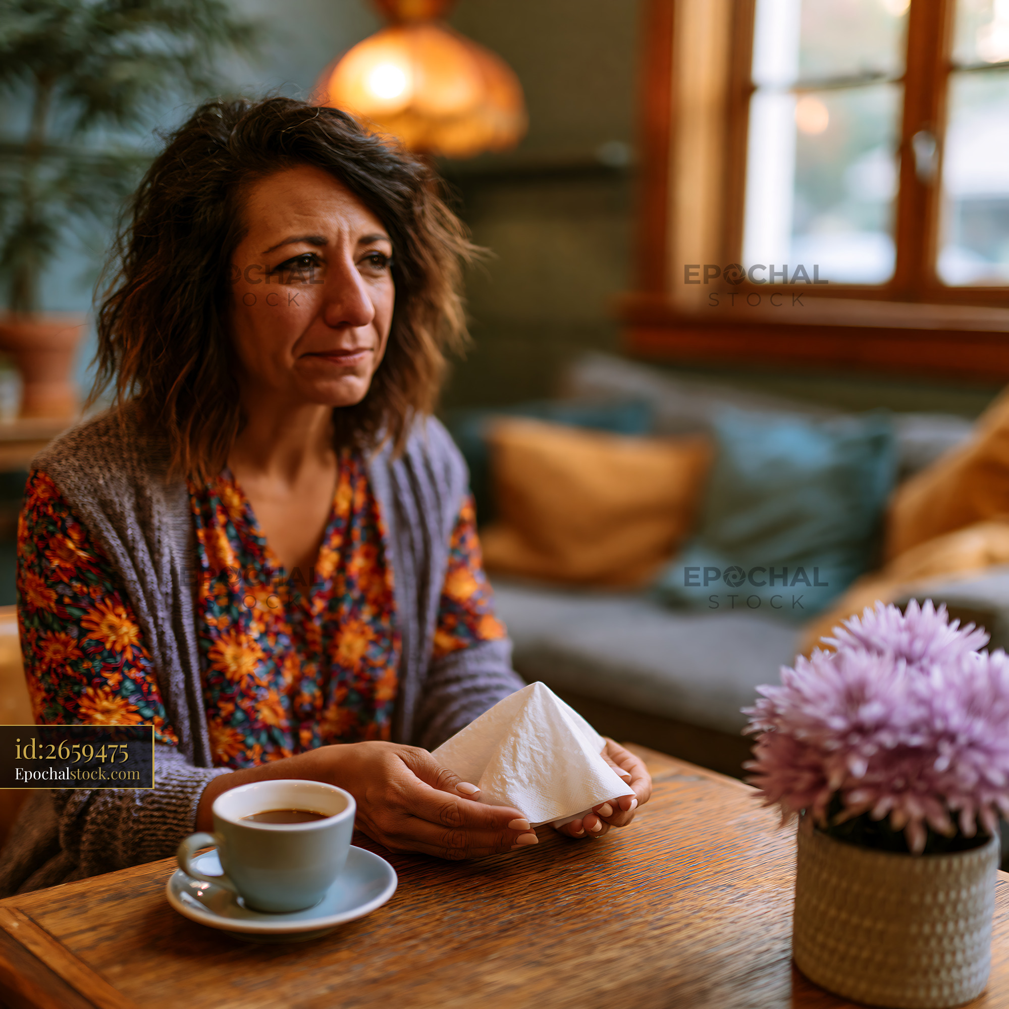 Watermarked full-resolution preview of Woman sitting with coffee in cozy cafe setting