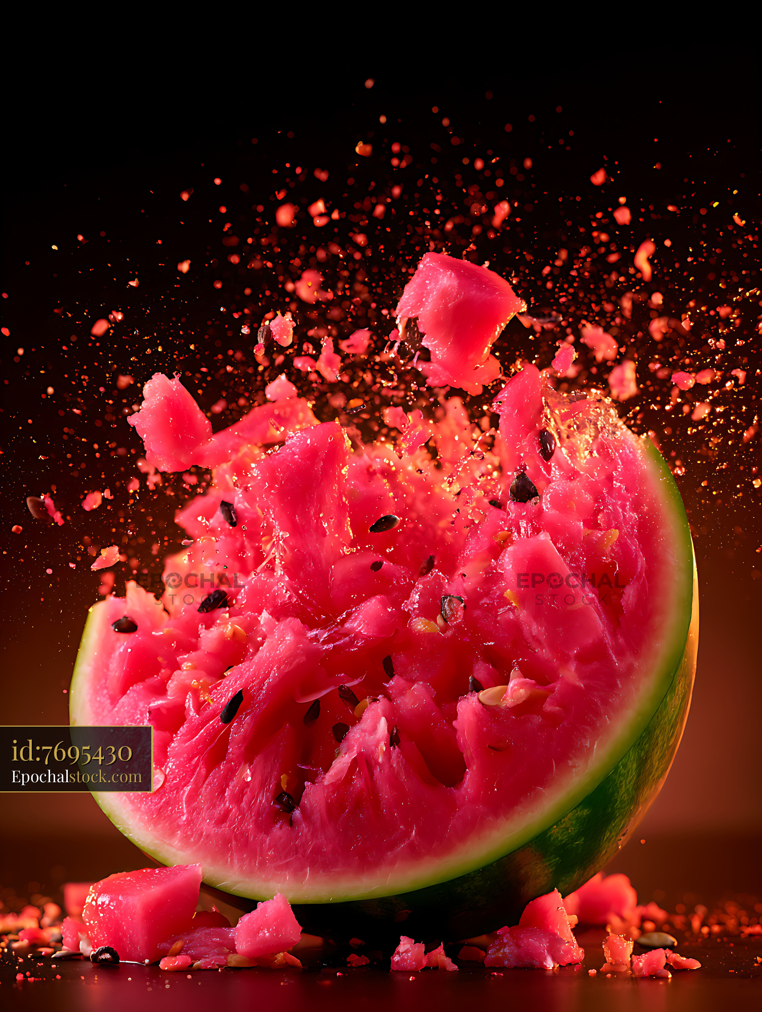 Watermarked full-resolution preview of Watermelon piece explodes with red flesh and seeds
