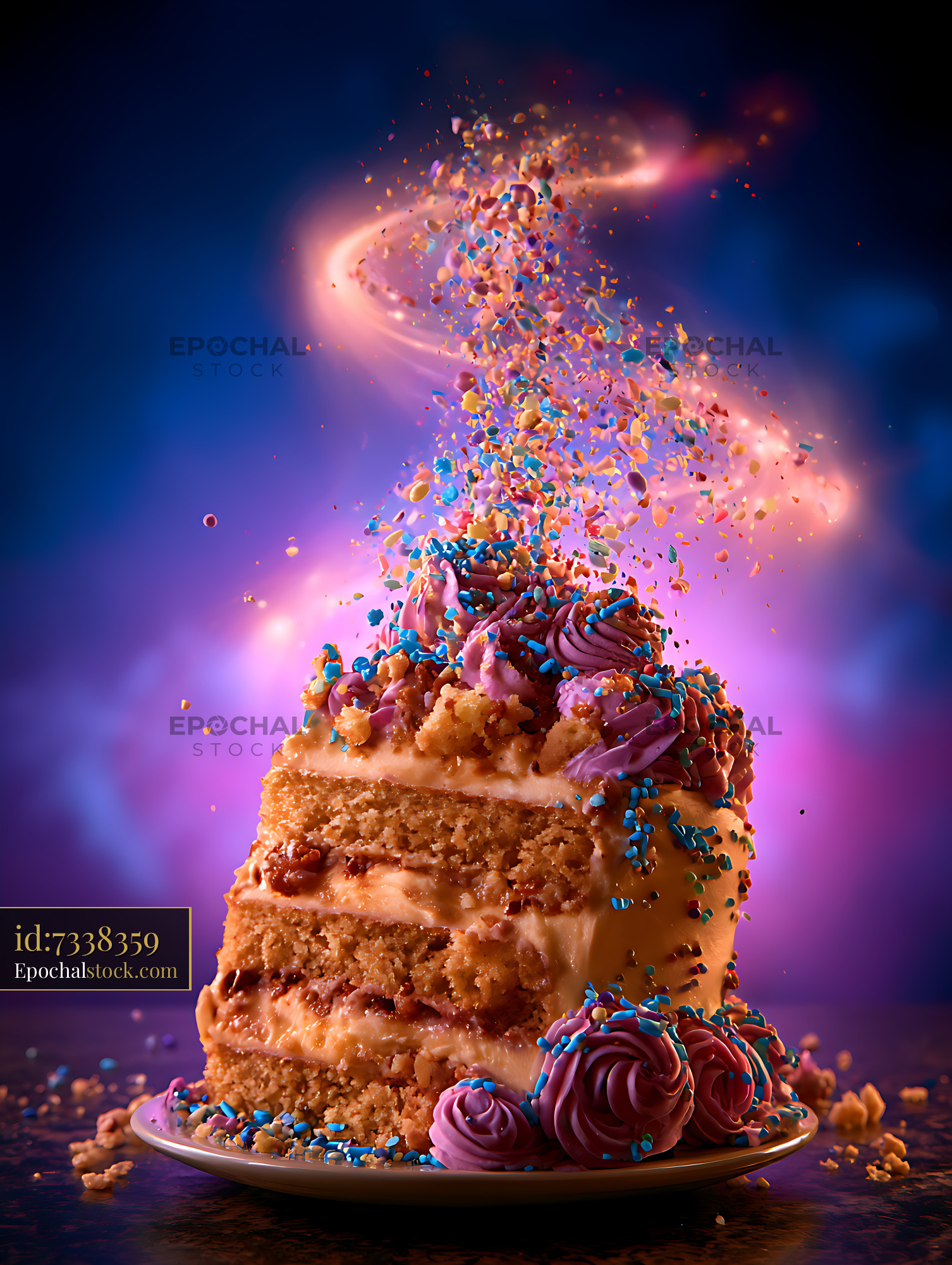 Watermarked full-resolution preview of Layered cake decorated with colorful frosting and sprinkles