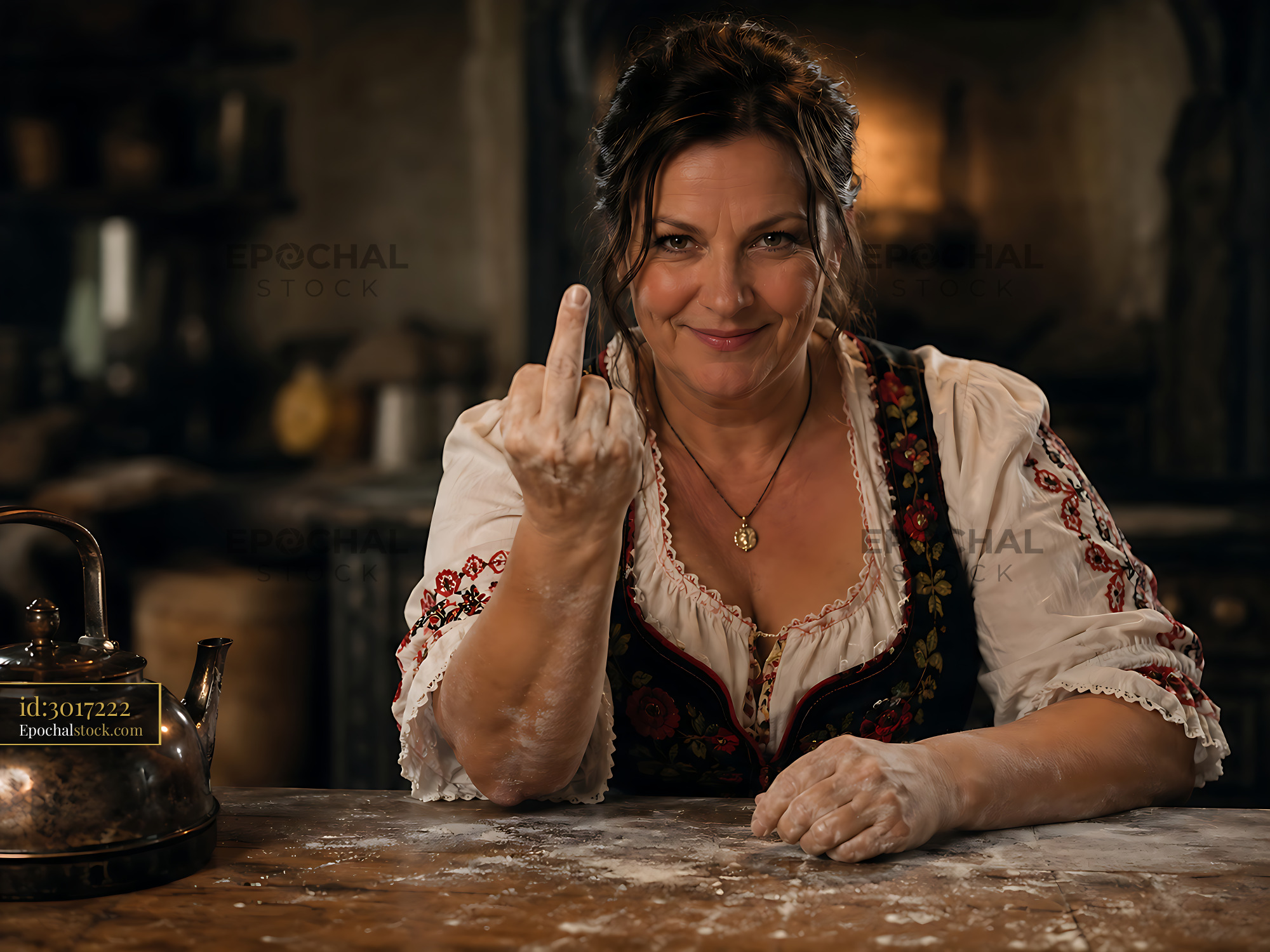 Watermarked full-resolution preview of Woman showing middle finger in a rustic kitchen setting