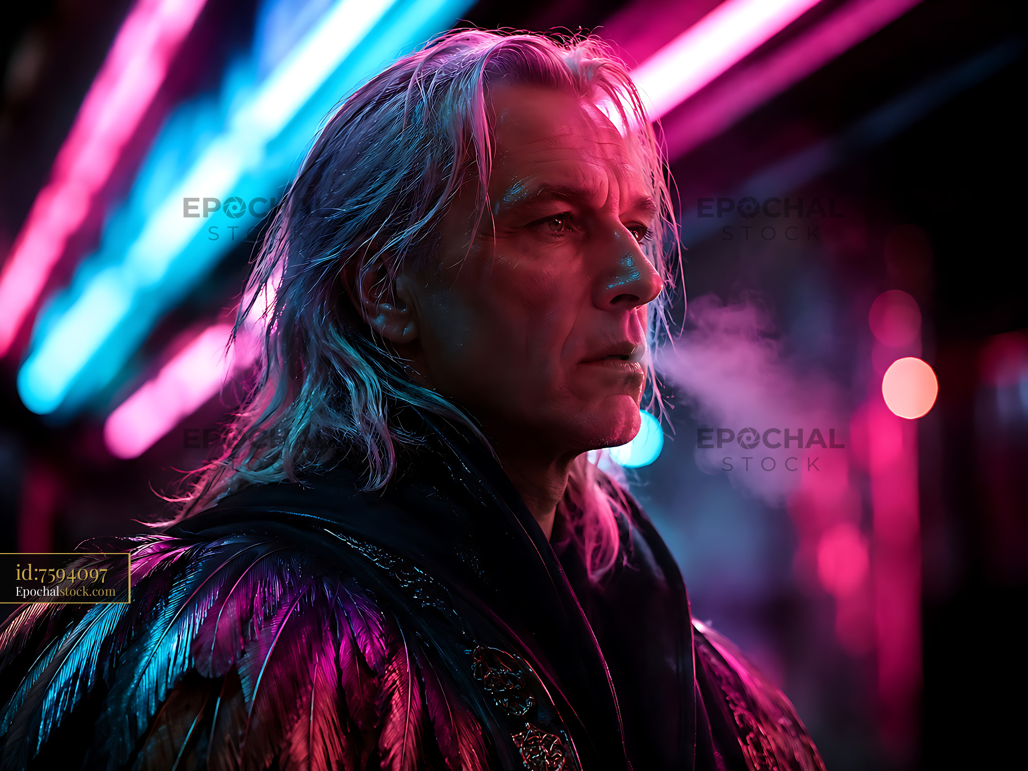 Watermarked full-resolution preview of Man standing under neon lights with smoke in background