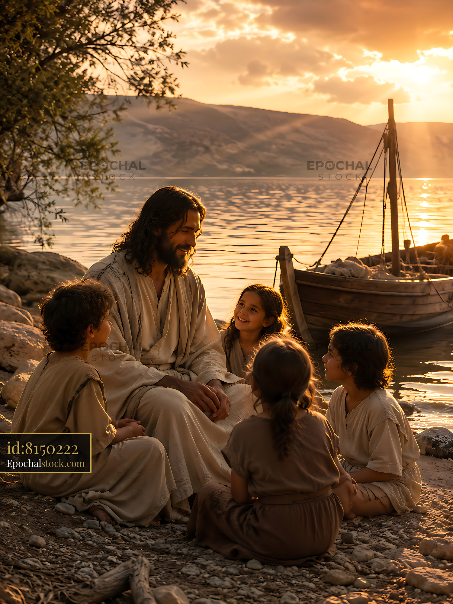 Watermarked full-resolution preview of Jesus and children by the river during sunset