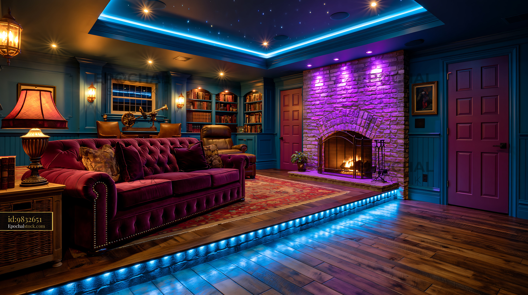 Watermarked full-resolution preview of Cozy living room with fireplace and colorful lighting at night