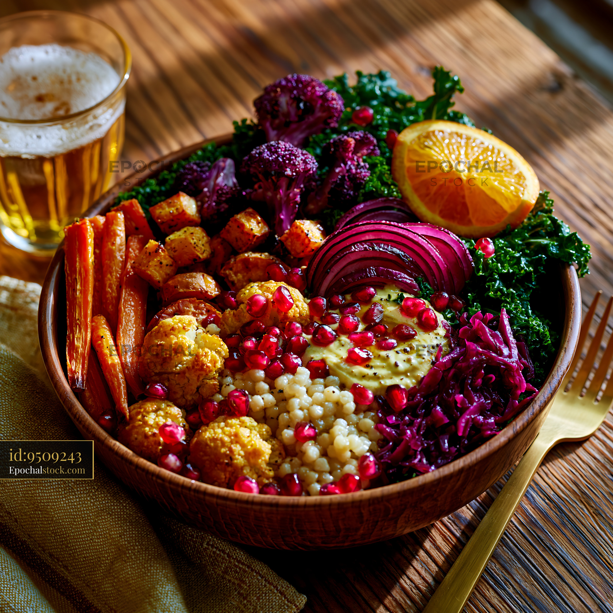 Watermarked full-resolution preview of Colorful bowl of healthy food with grains, vegetables, and fruit