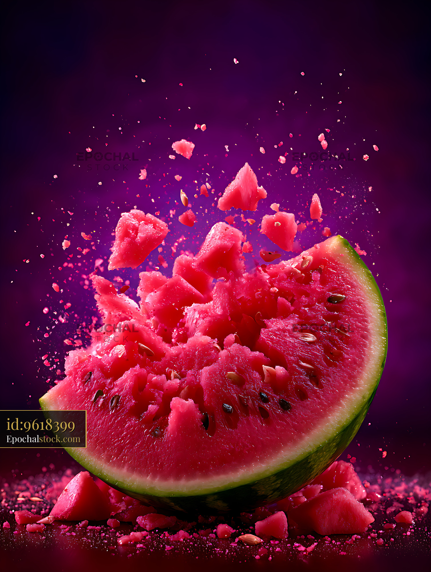 Watermarked full-resolution preview of Exploding watermelon with suspended fruit fragments