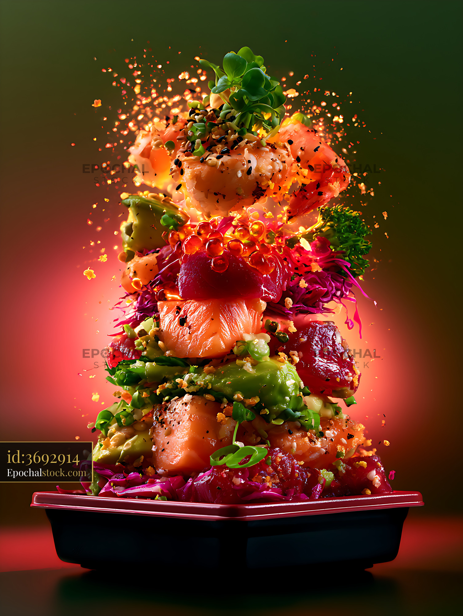 Watermarked full-resolution preview of Vibrant gourmet salad stack with salmon and fresh vegetables