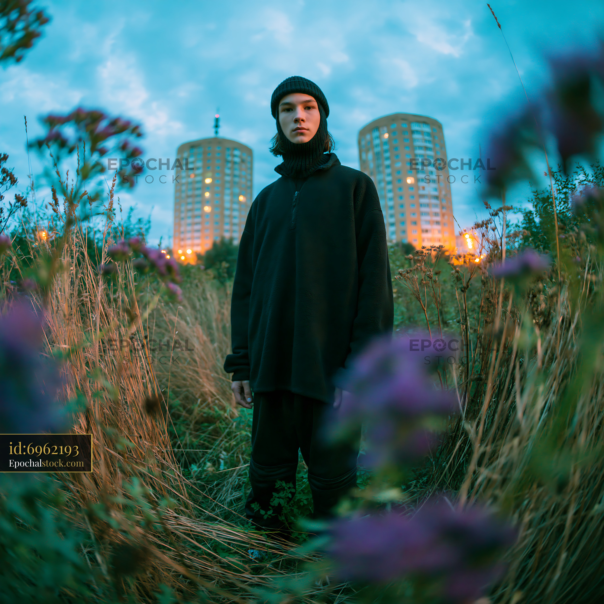 Watermarked full-resolution preview of Person standing among flowers with buildings in the background