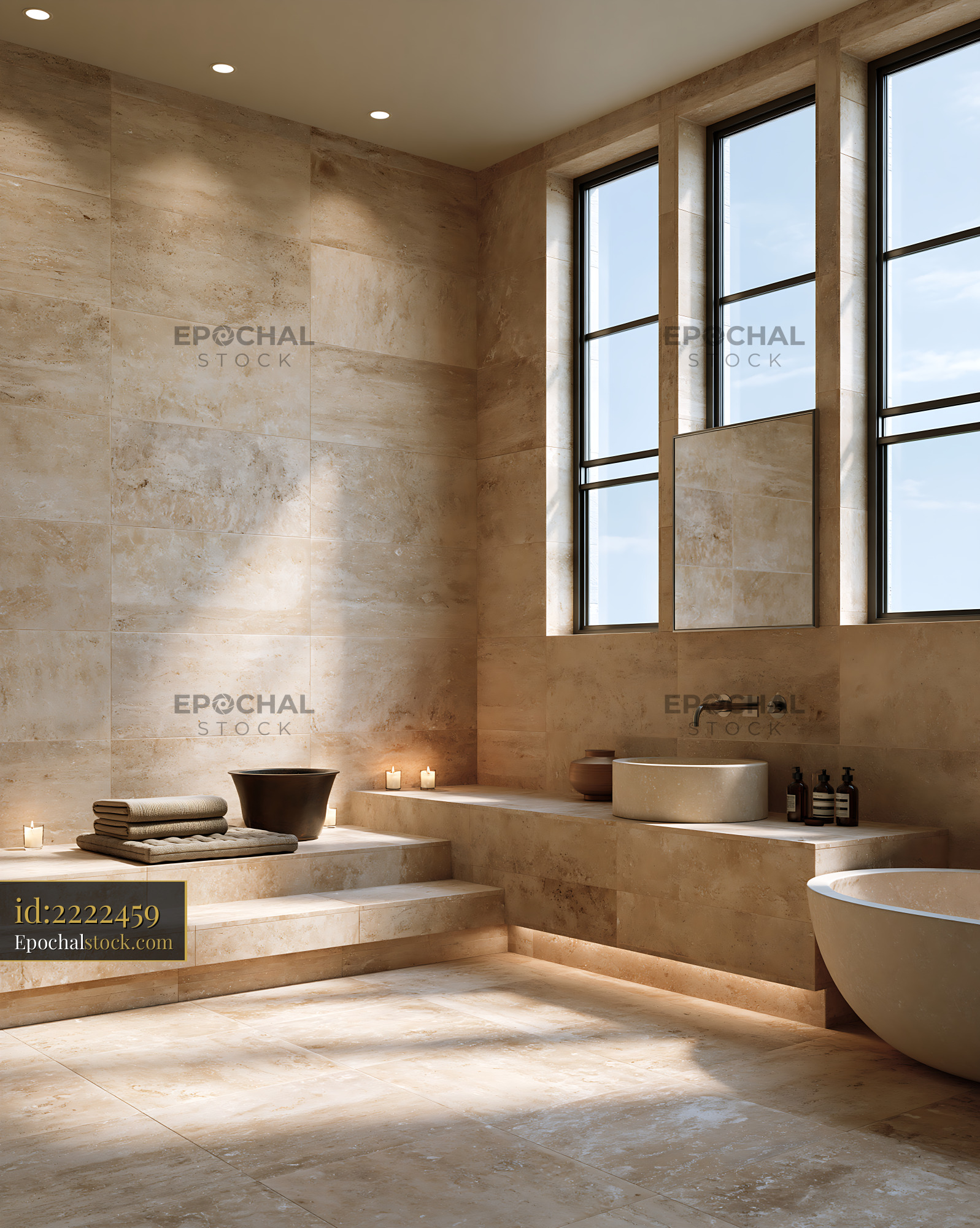 Watermarked full-resolution preview of Modern bathroom with natural light and stone walls