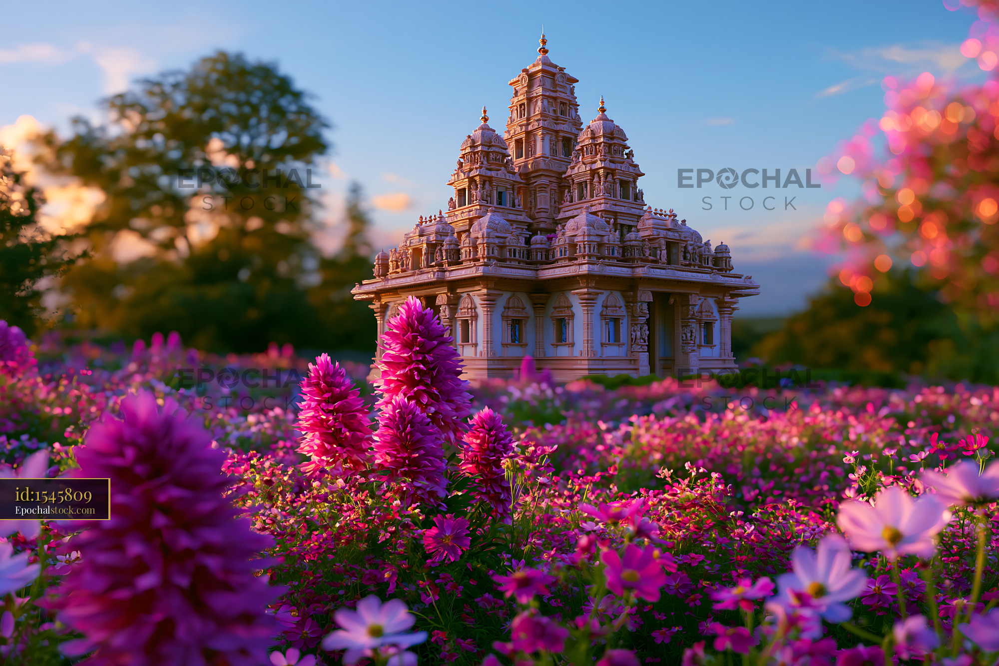 Watermarked full-resolution preview of Colorful garden with a temple in the background during sunset