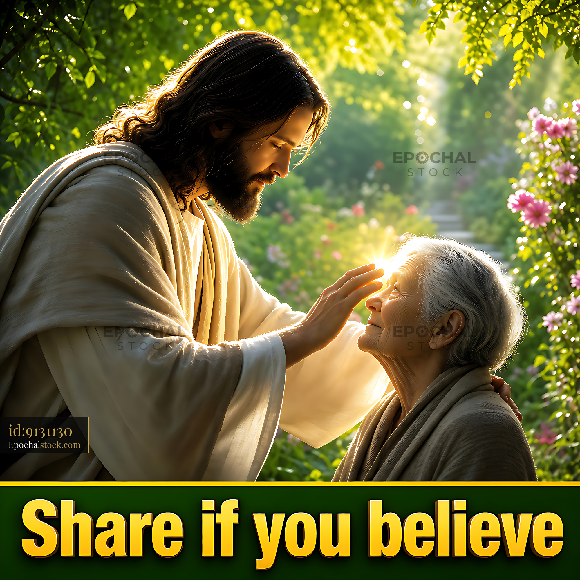 Watermarked full-resolution preview of Jesus touching an elderly woman's forehead in a garden