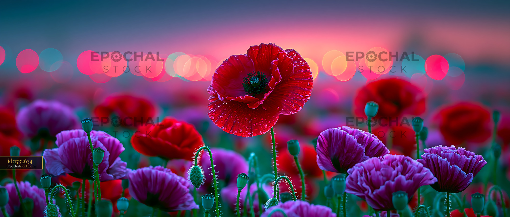 Watermarked full-resolution preview of Bright red poppy stands out in field of colorful flowers