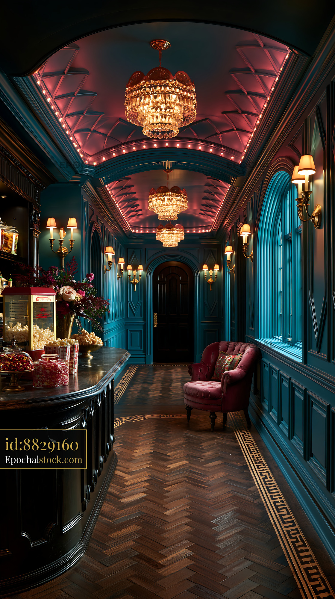 Watermarked full-resolution preview of Elegant hallway with blue walls and chandelier lighting