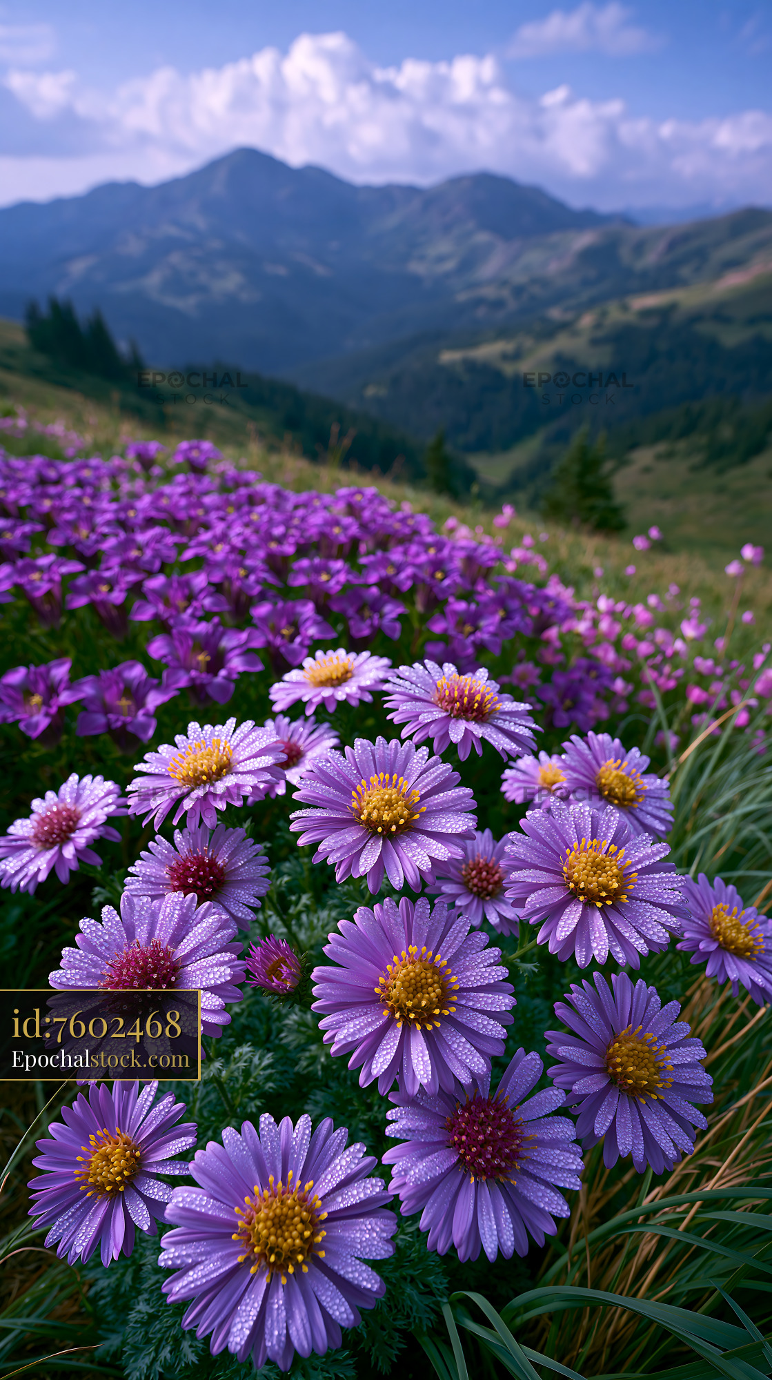 Watermarked full-resolution preview of Purple flowers bloom in a mountain valley under clear skies