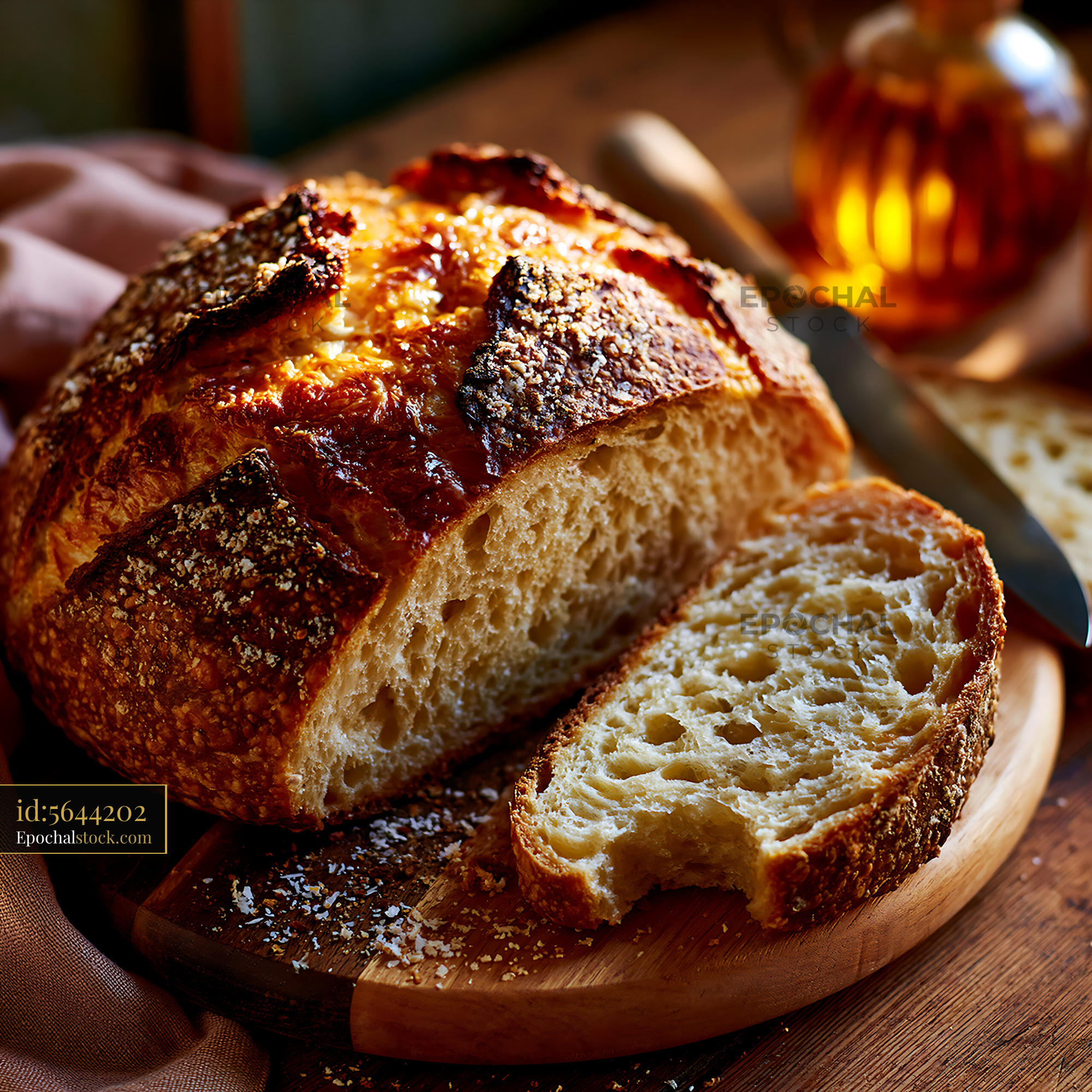 Watermarked full-resolution preview of Freshly baked bread on a wooden cutting board with a knife