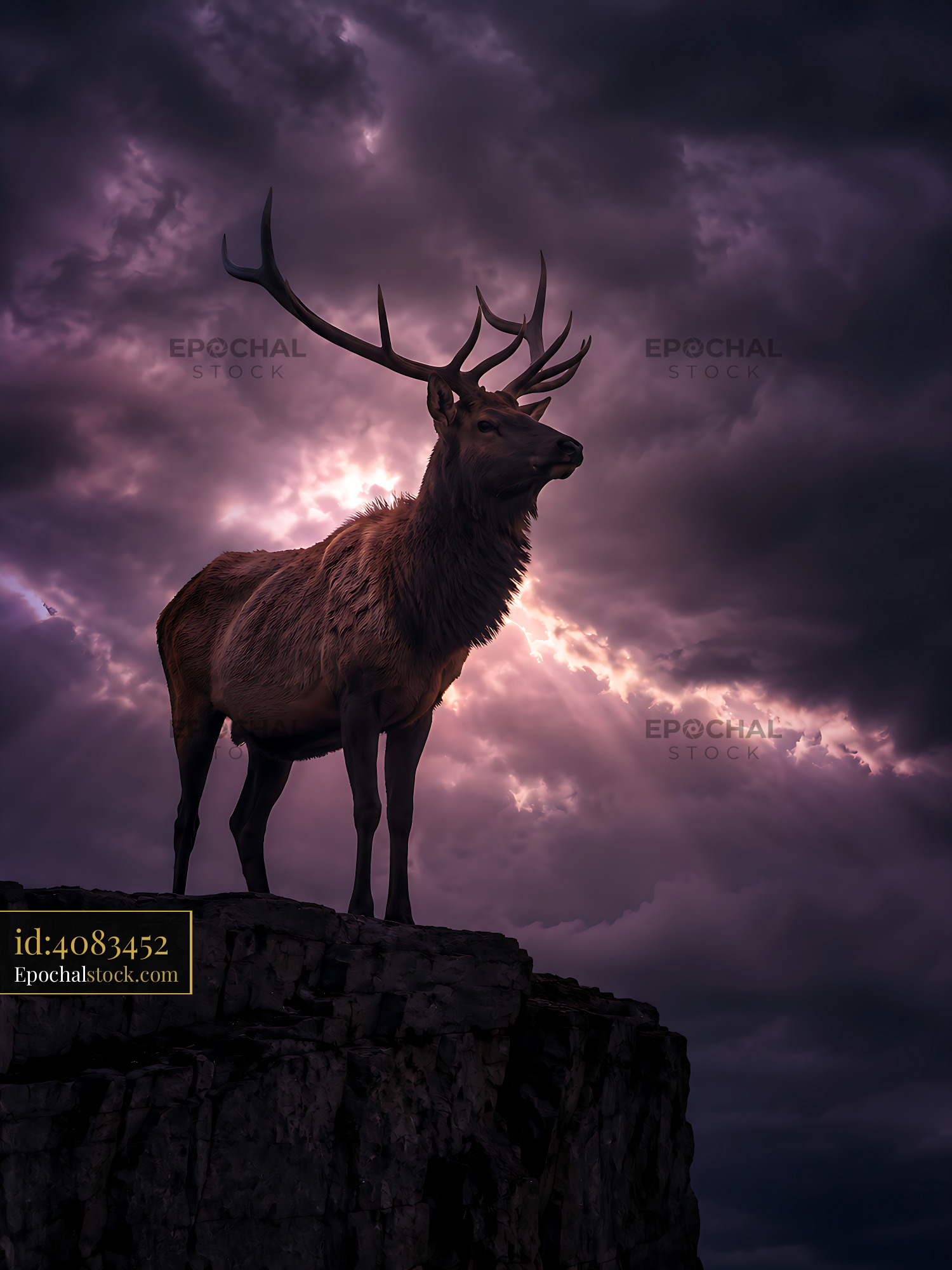 Watermarked full-resolution preview of Stag stands on rocky ledge under dramatic sky