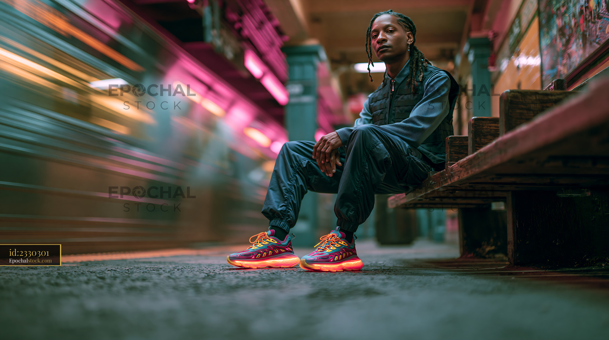 Watermarked full-resolution preview of Man sitting on a bench in a subway station with passing train