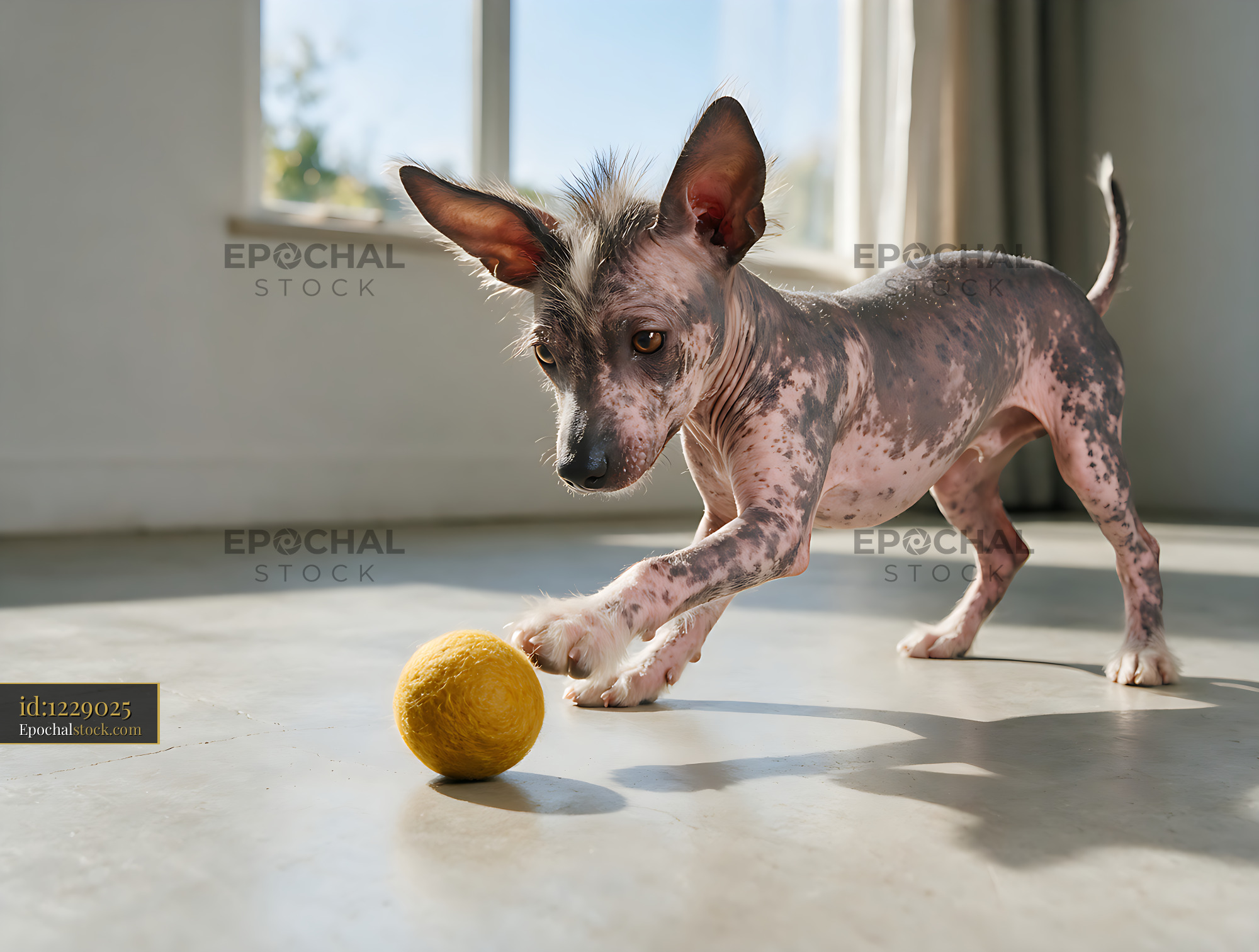 Watermarked full-resolution preview of Hairless puppy playing with ball in a bright room