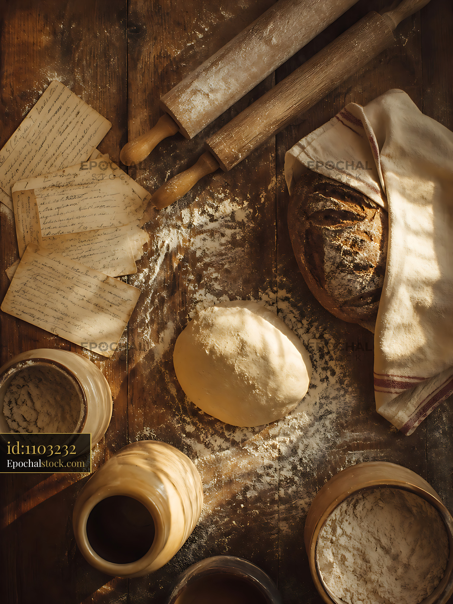 Watermarked full-resolution preview of Baking bread with tools and ingredients on wooden table