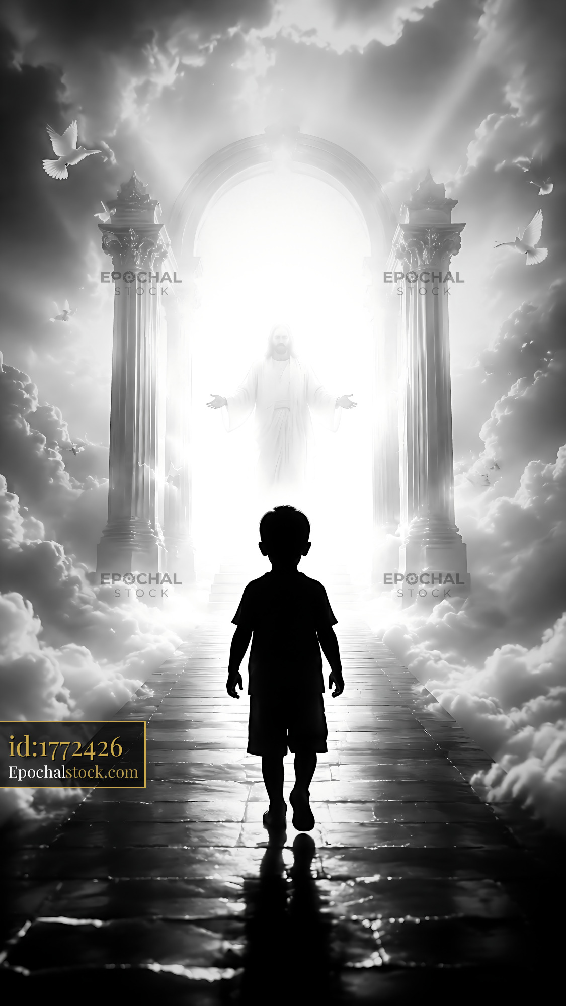 Watermarked full-resolution preview of Child walking towards a figure in a bright light