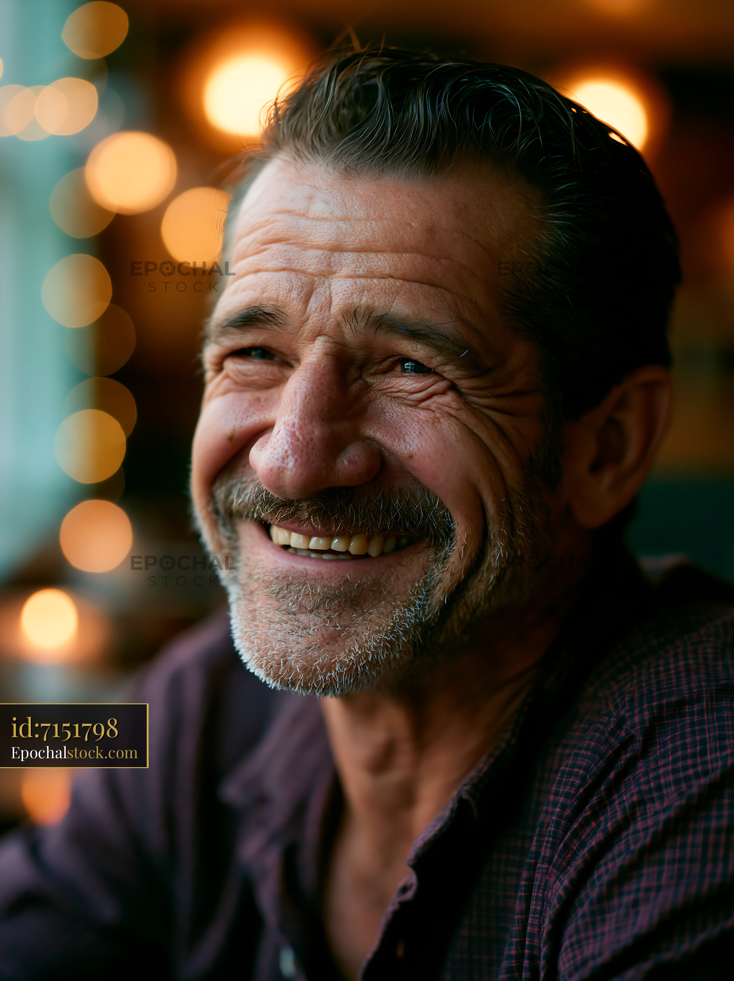 Watermarked full-resolution preview of Smiling man in a cafe with warm lights in the background