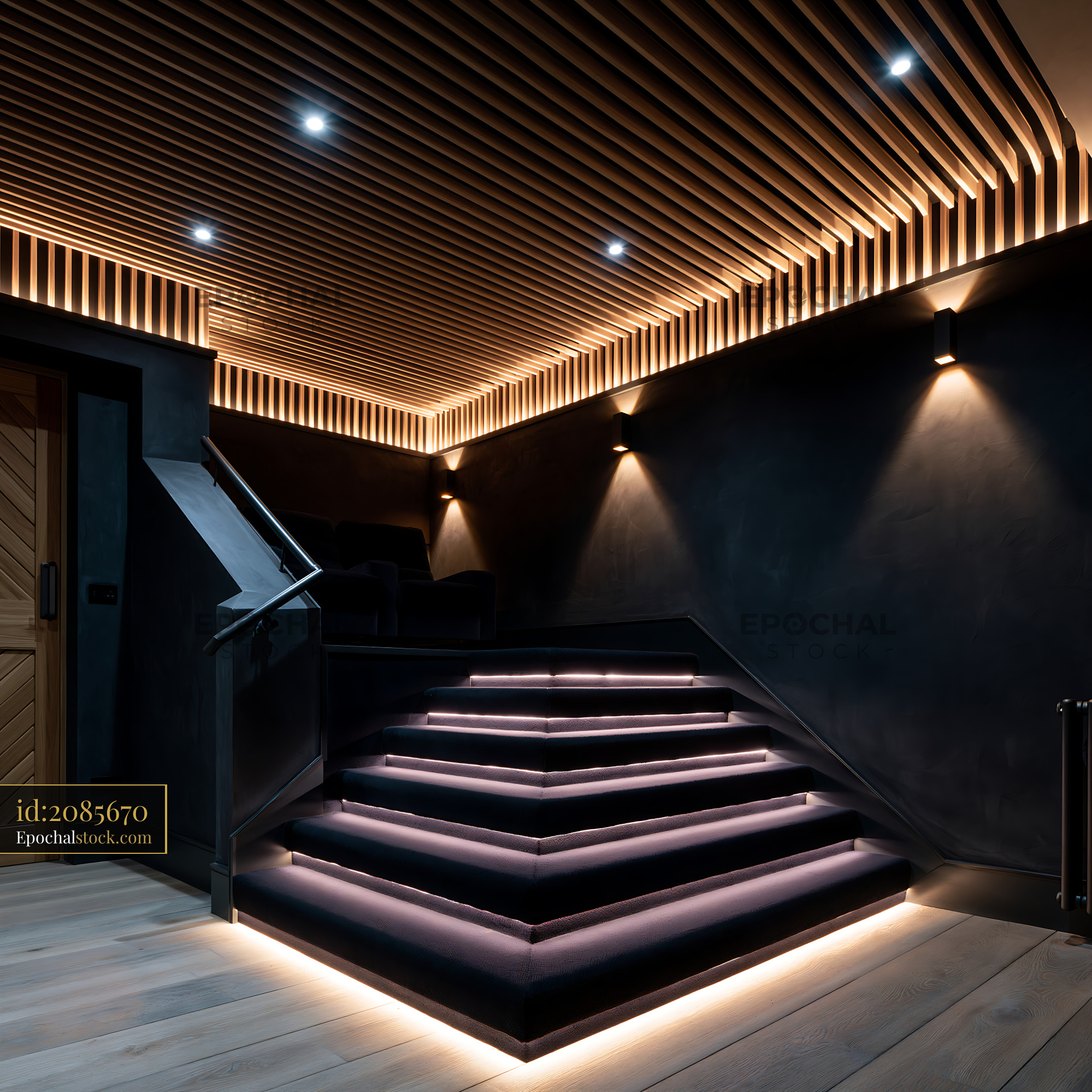 Watermarked full-resolution preview of Modern staircase interior with lighting in a dark room