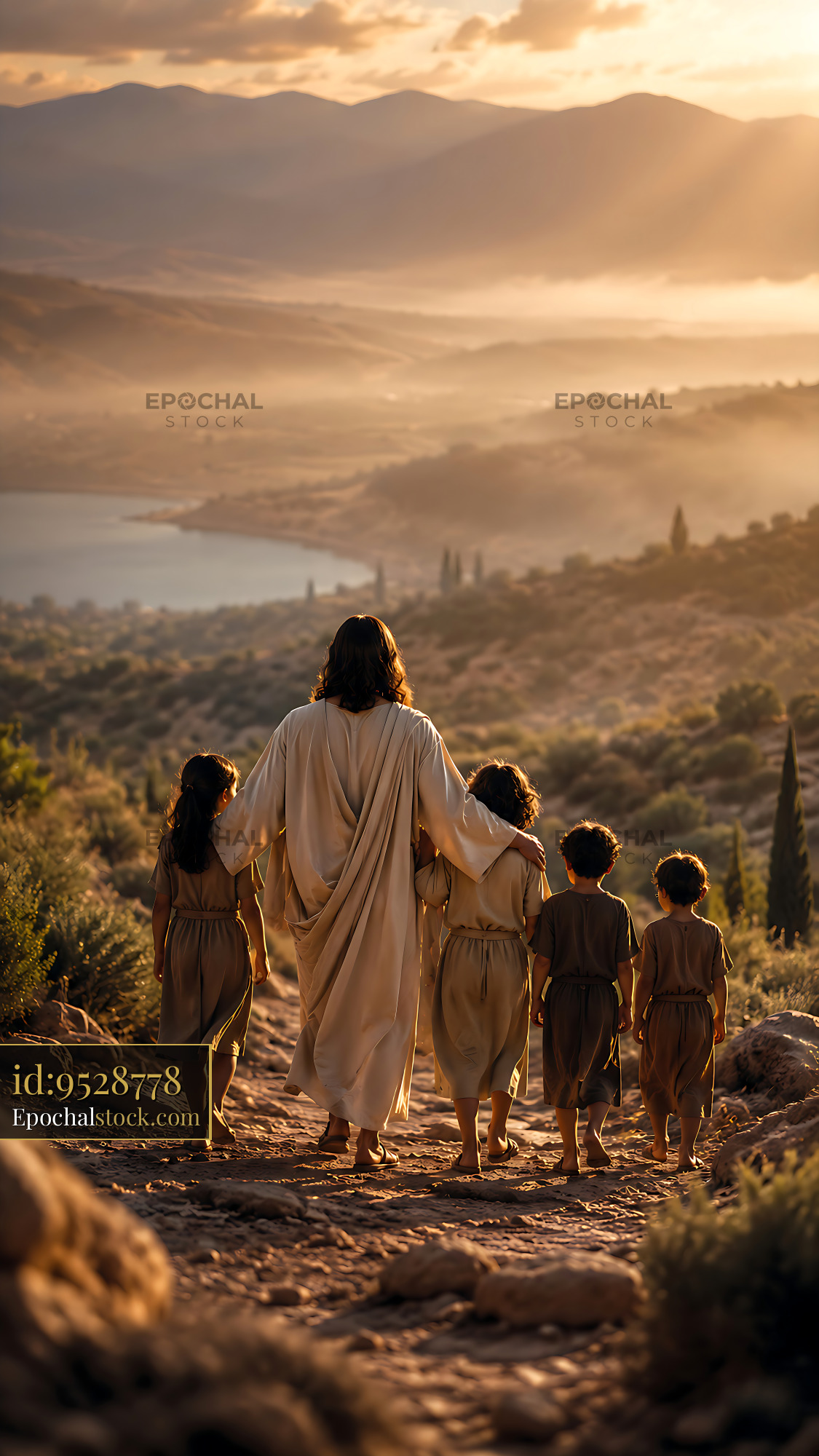 Man Walks With Children Along a Path in a Scenic Landscape - stock photo