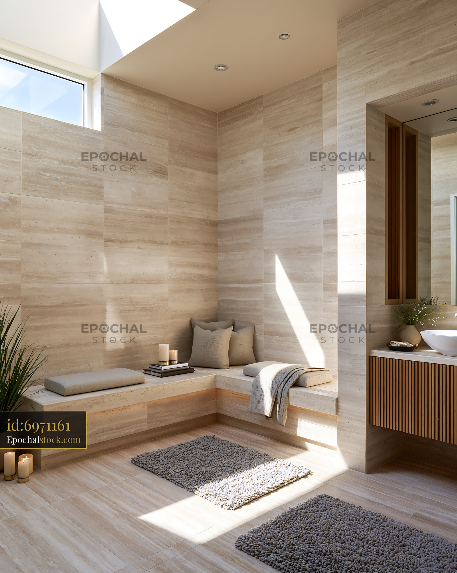 Watermarked full-resolution preview of Modern bathroom interior with natural light and minimalist design