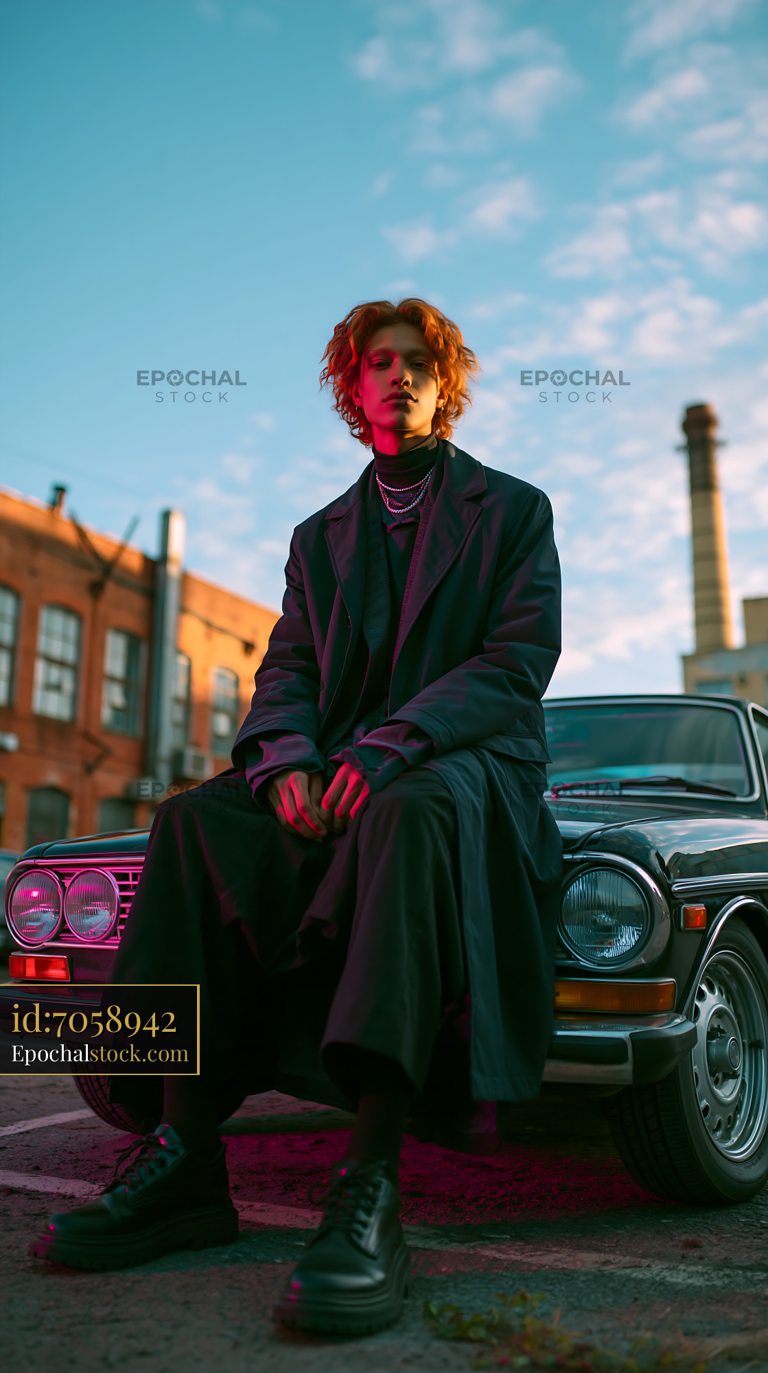 Watermarked full-resolution preview of Low angle portrait of a person seated on a classic car