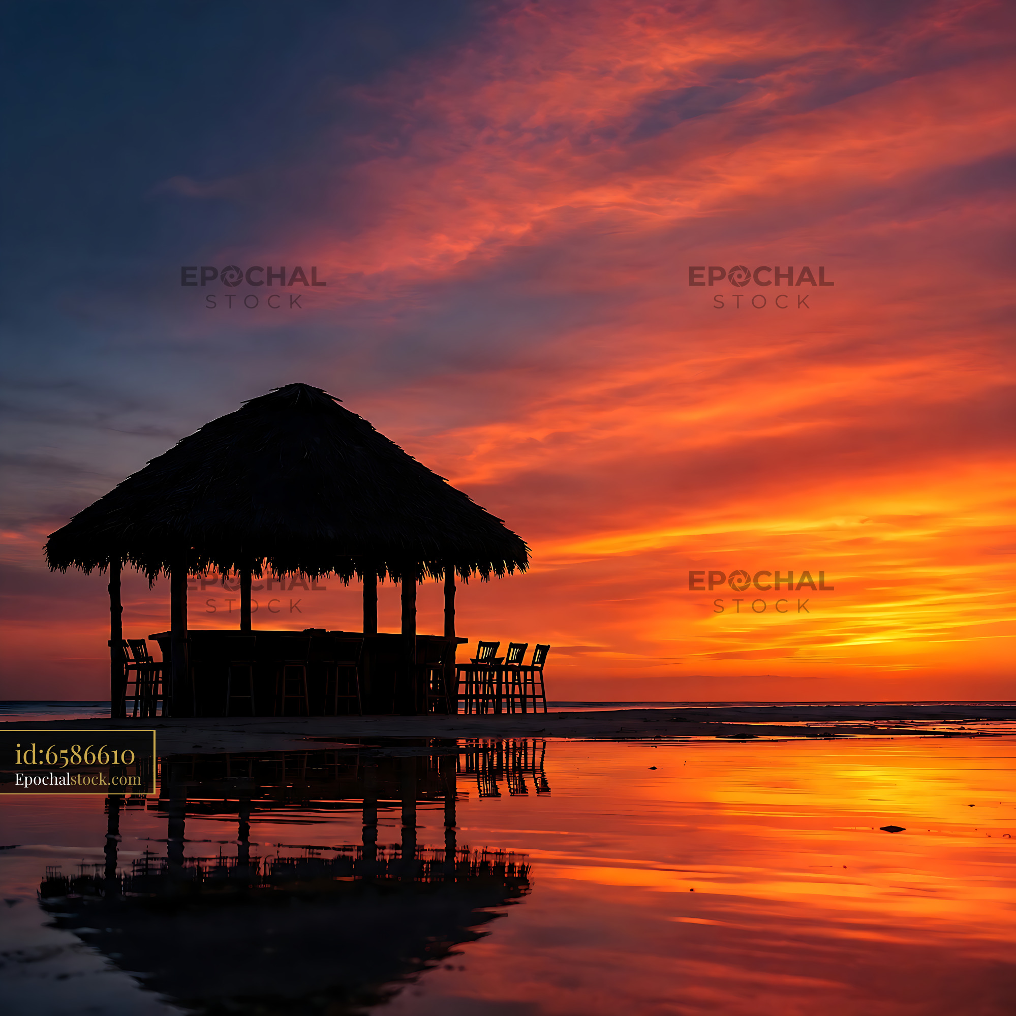 Watermarked full-resolution preview of Sunset at beach hut with silhouetted chairs and reflections