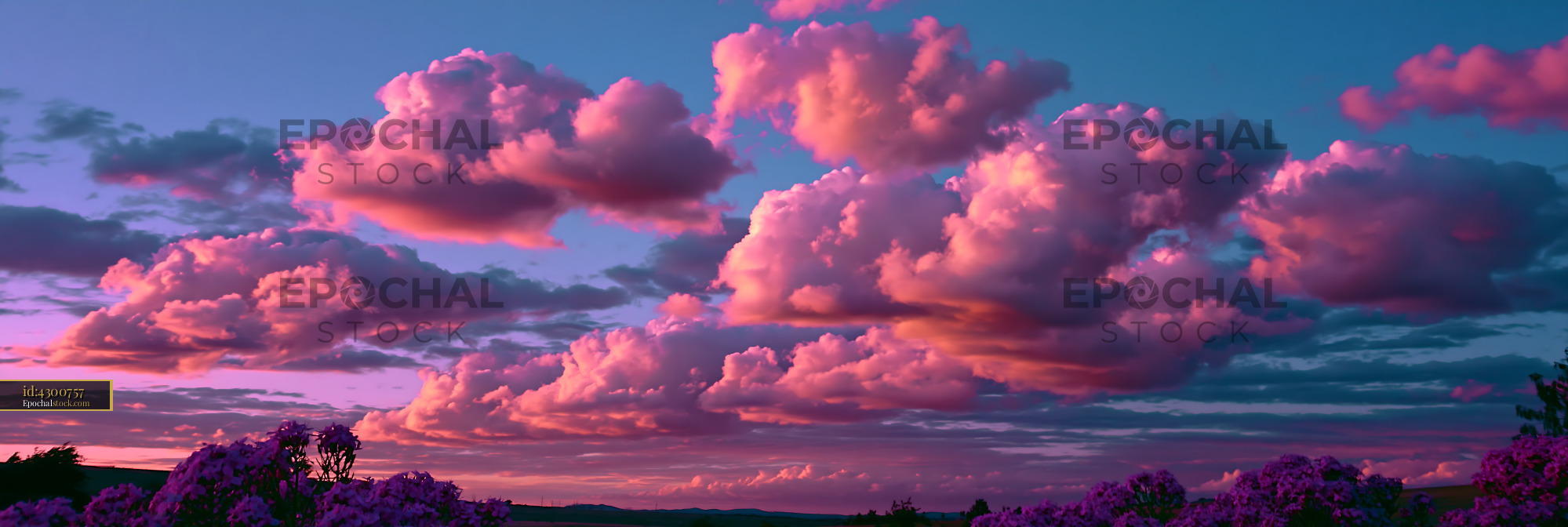 Watermarked full-resolution preview of Vibrant clouds at sunset over a landscape with purple flowers