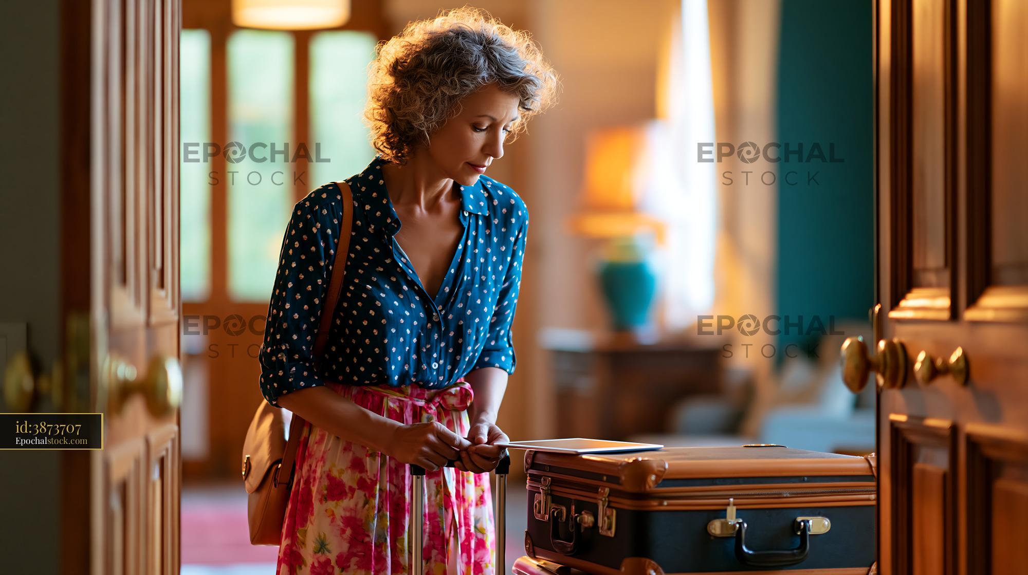 Watermarked full-resolution preview of Woman prepares to travel with suitcase in a home interior