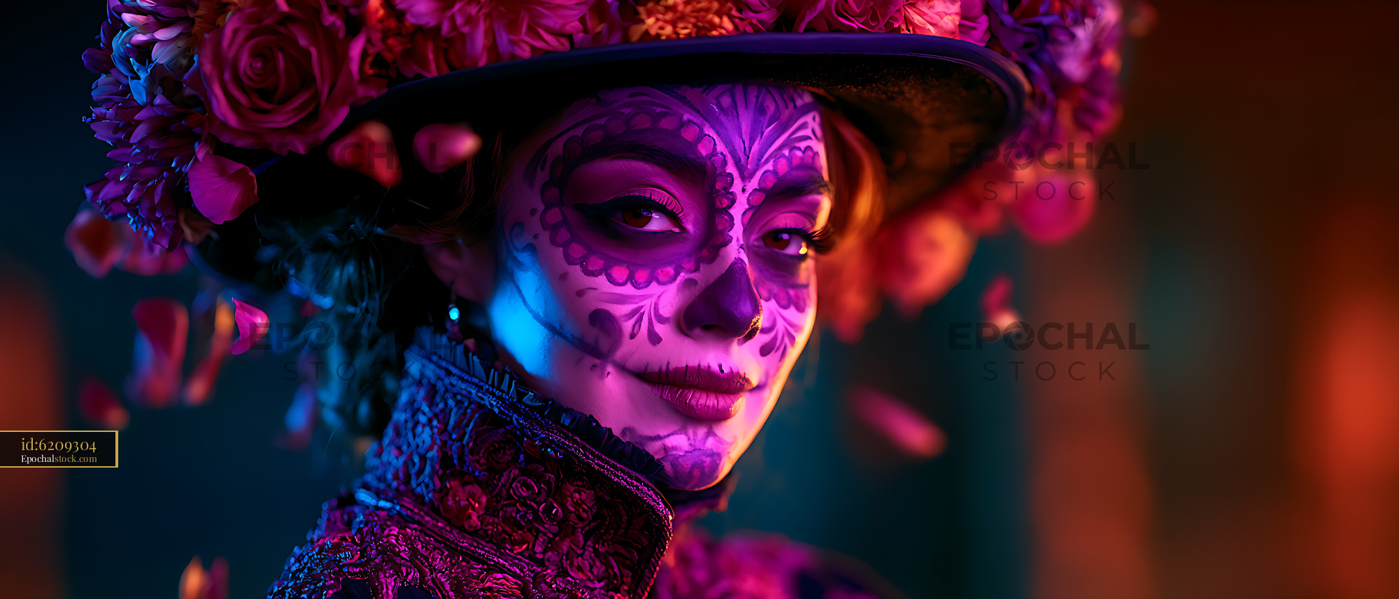 Watermarked full-resolution preview of Close-up woman with floral makeup under colorful dramatic lighting