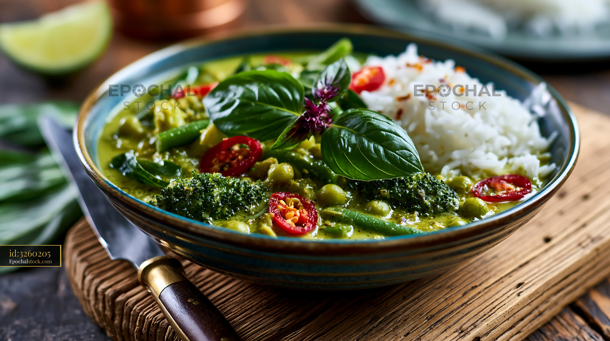 Watermarked full-resolution preview of Vegetable curry served with rice on a wooden table