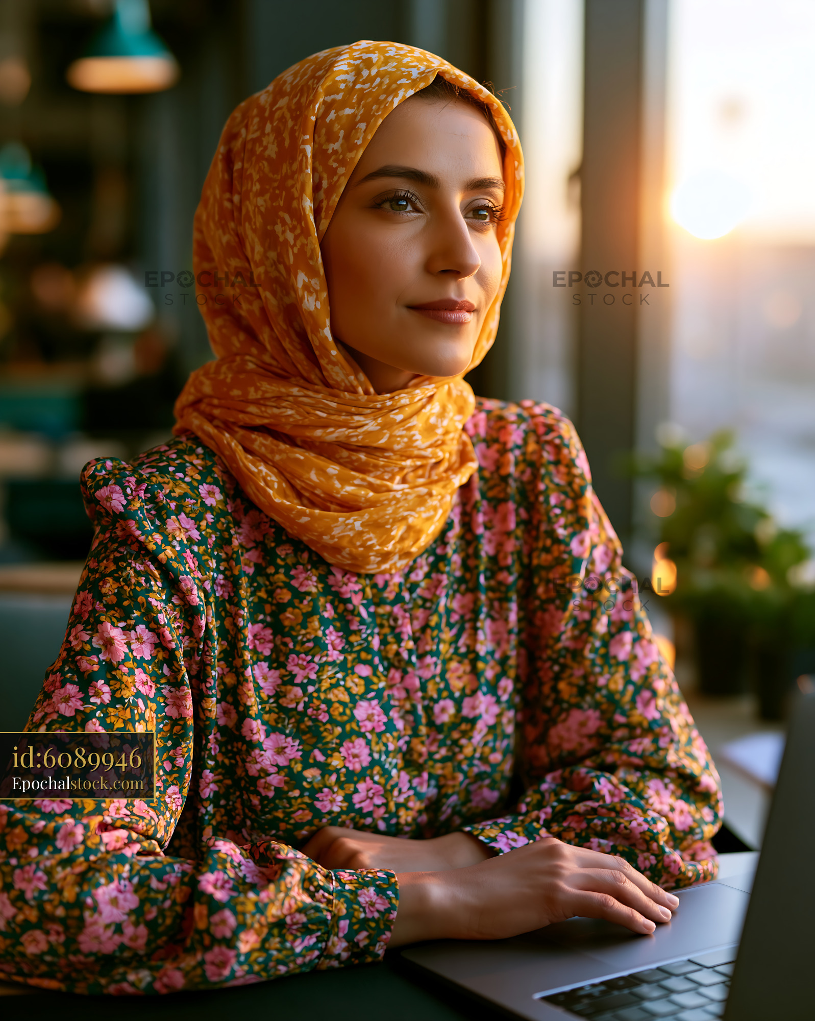 Watermarked full-resolution preview of Woman in a headscarf working on a laptop in a cafe during sunset