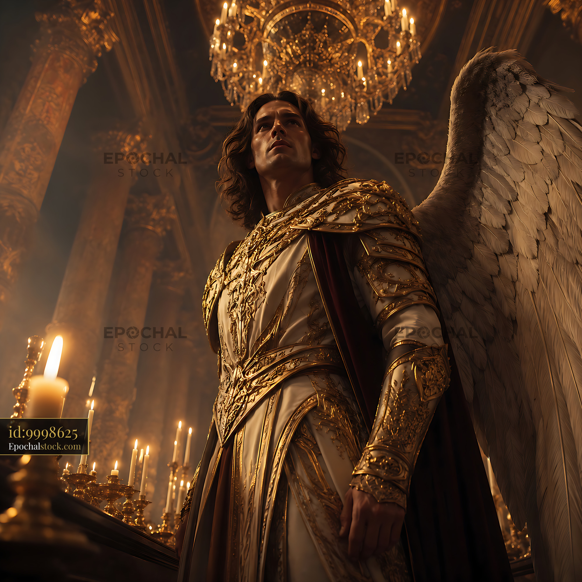 Watermarked full-resolution preview of Angel figure stands in grand hall with candles and chandeliers