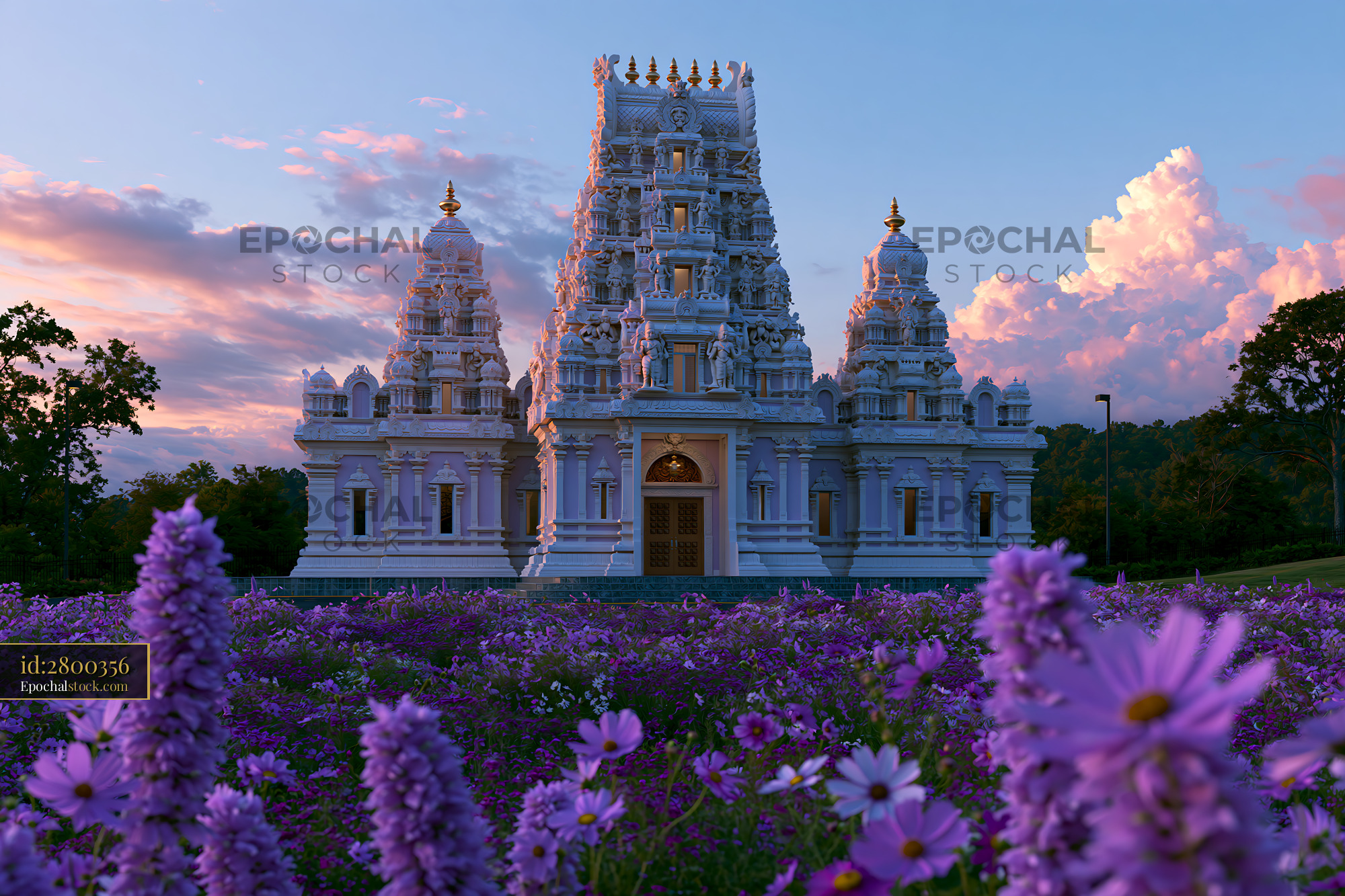 Watermarked full-resolution preview of Temple surrounded by flowers at sunset in a serene landscape